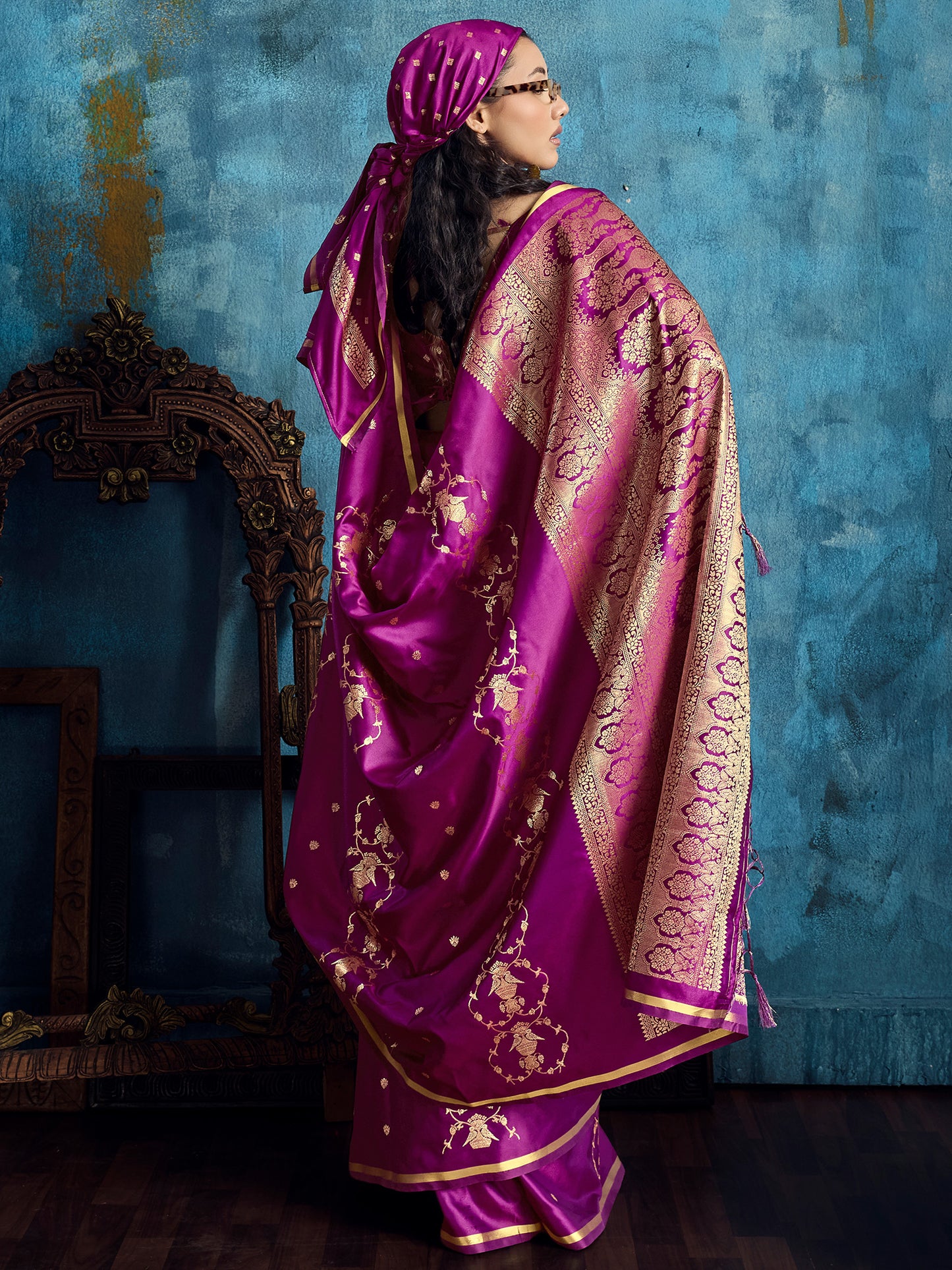 Women's Satin Magenta Woven Design Designer Saree With Blouse Piece