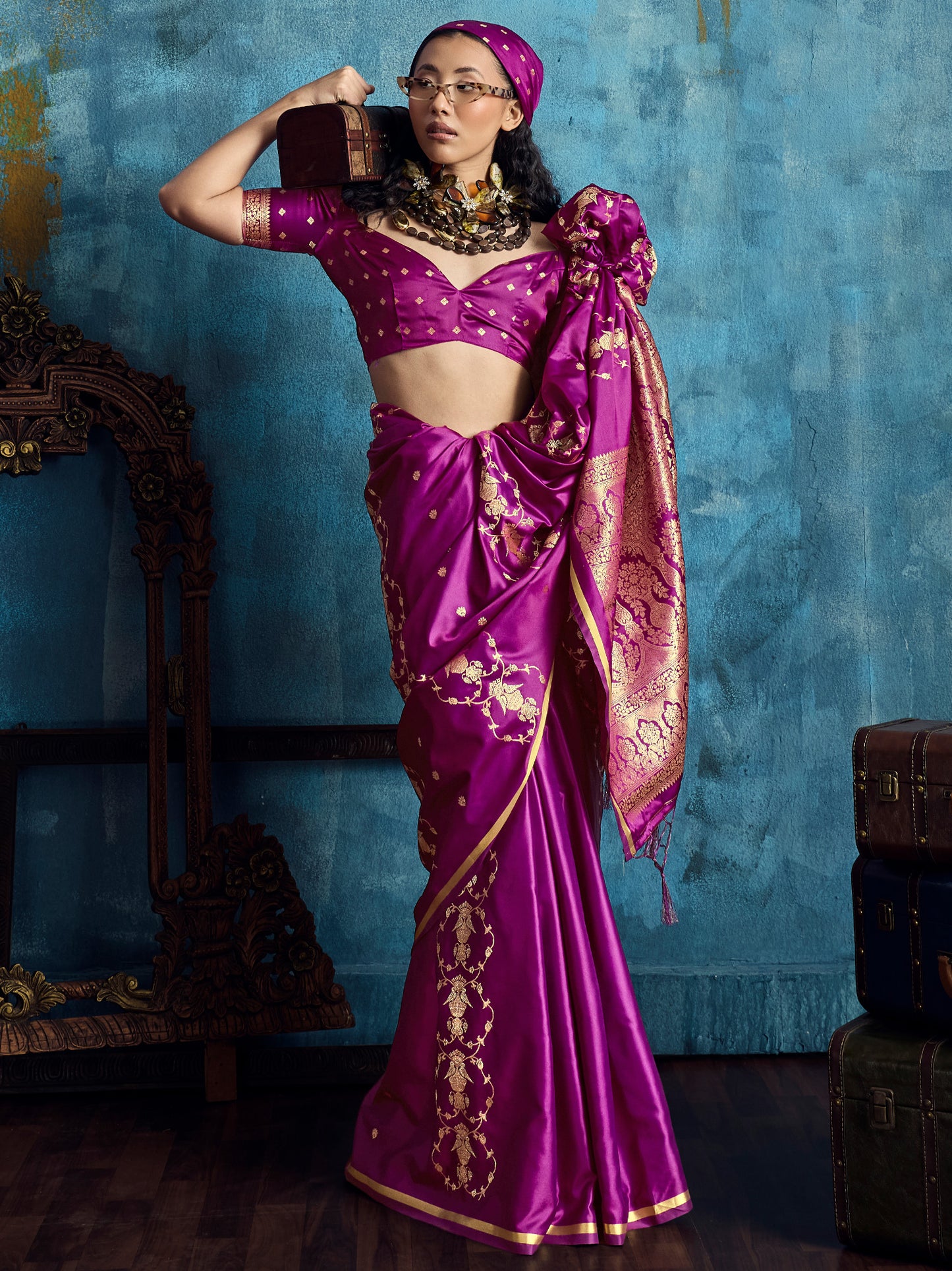 Women's Satin Magenta Woven Design Designer Saree With Blouse Piece