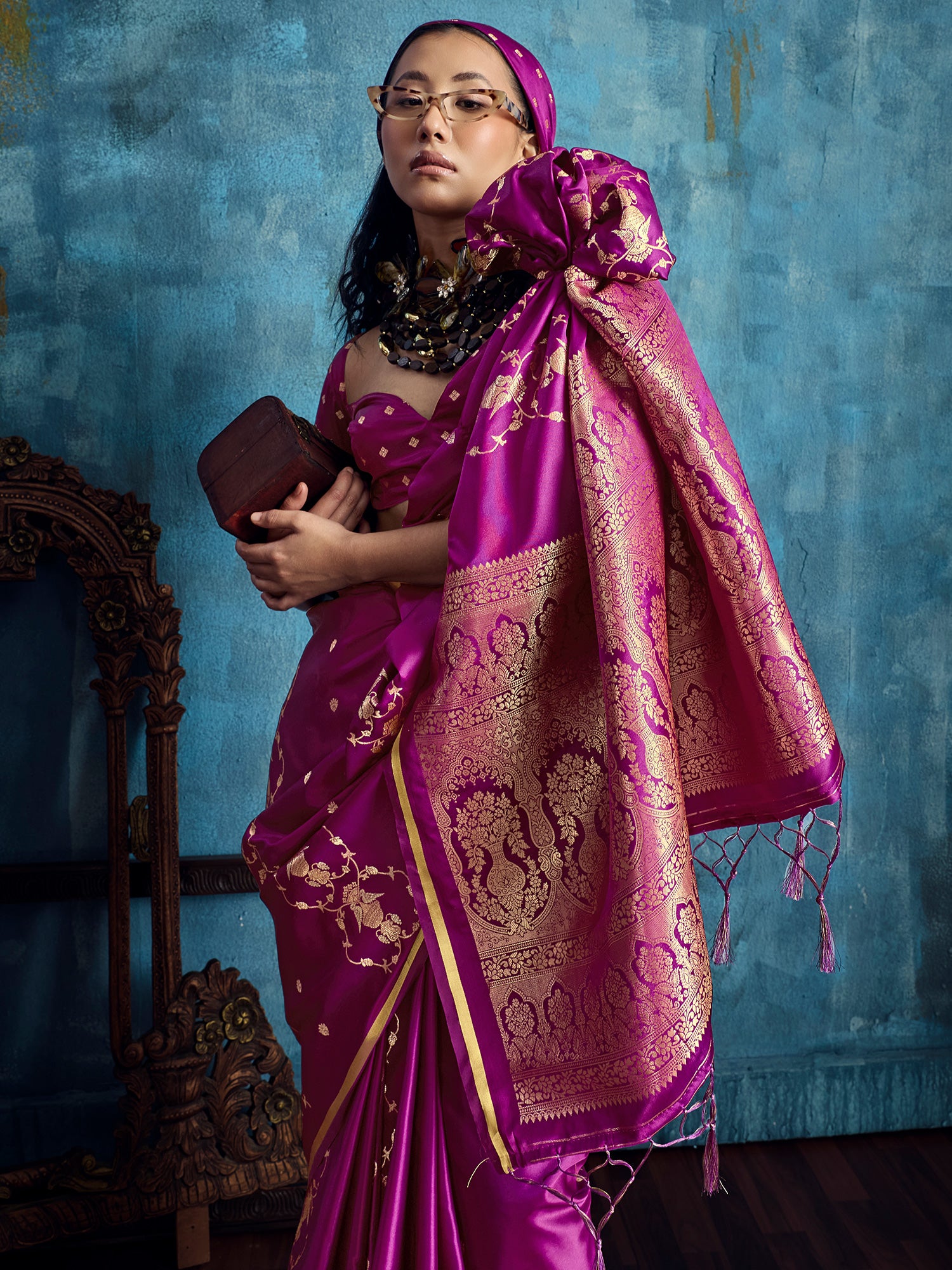 Women's Satin Magenta Woven Design Designer Saree With Blouse Piece