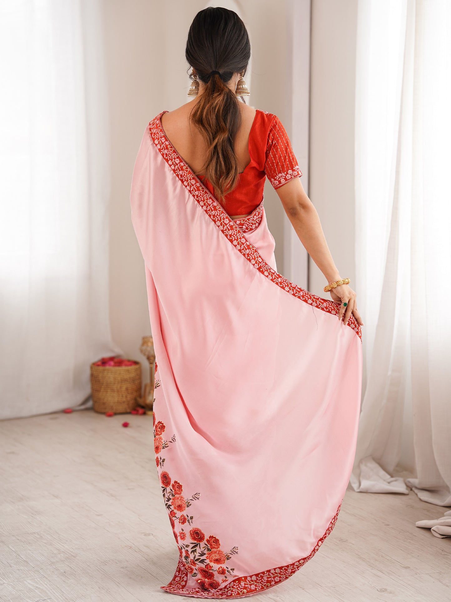 Women's Satin Pink Digital Print Designer Saree With Blouse Piece