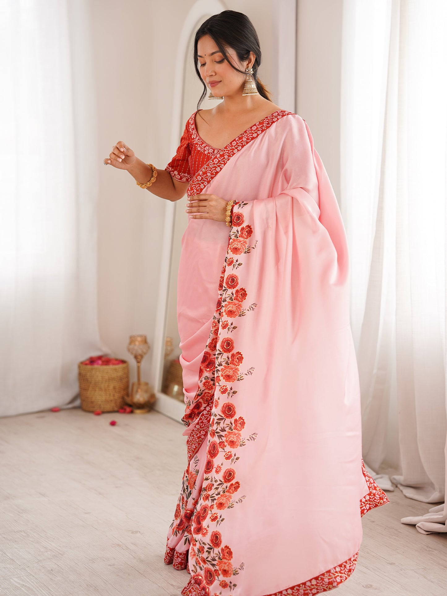 Women's Satin Pink Digital Print Designer Saree With Blouse Piece