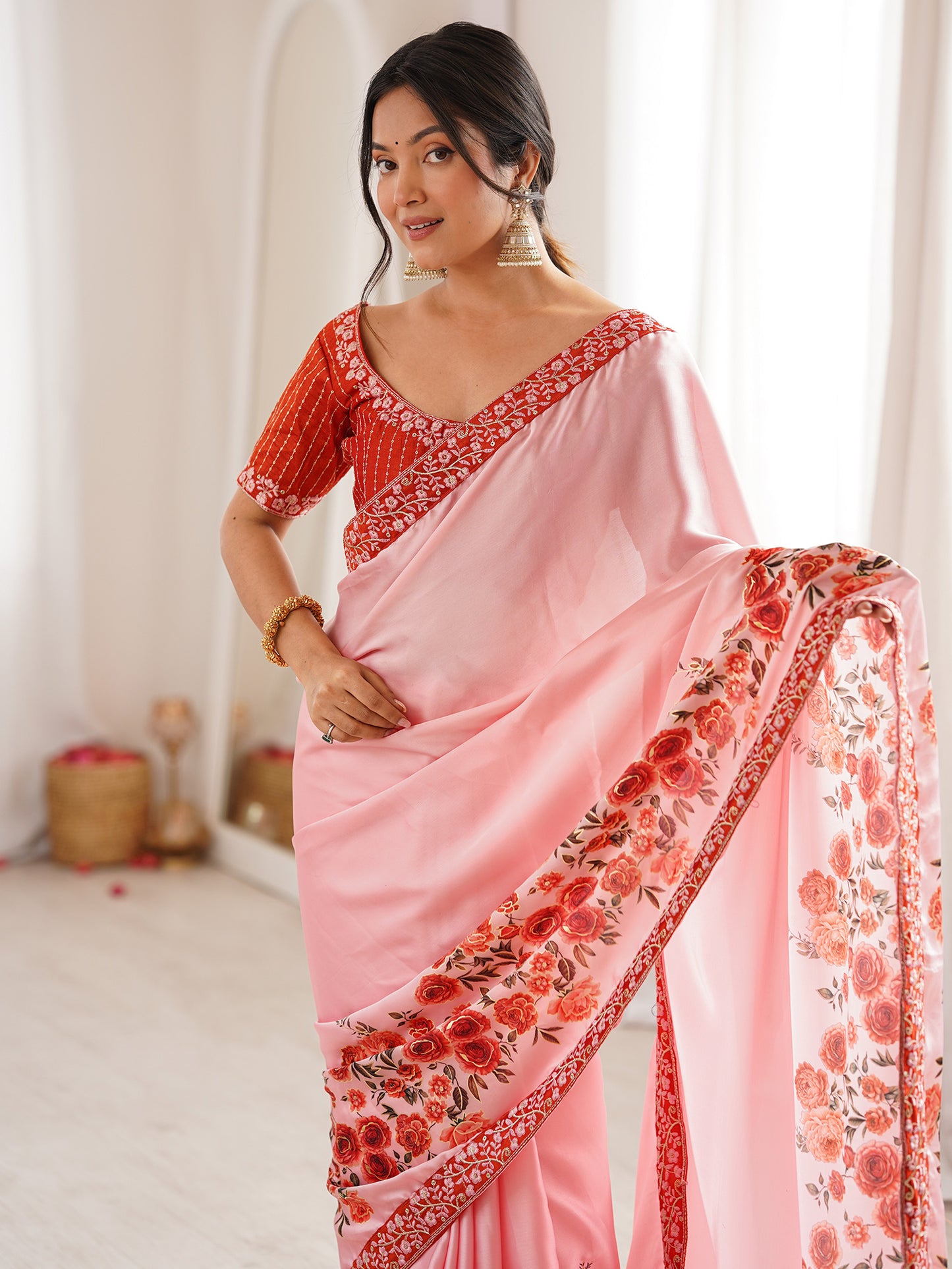 Women's Satin Pink Digital Print Designer Saree With Blouse Piece