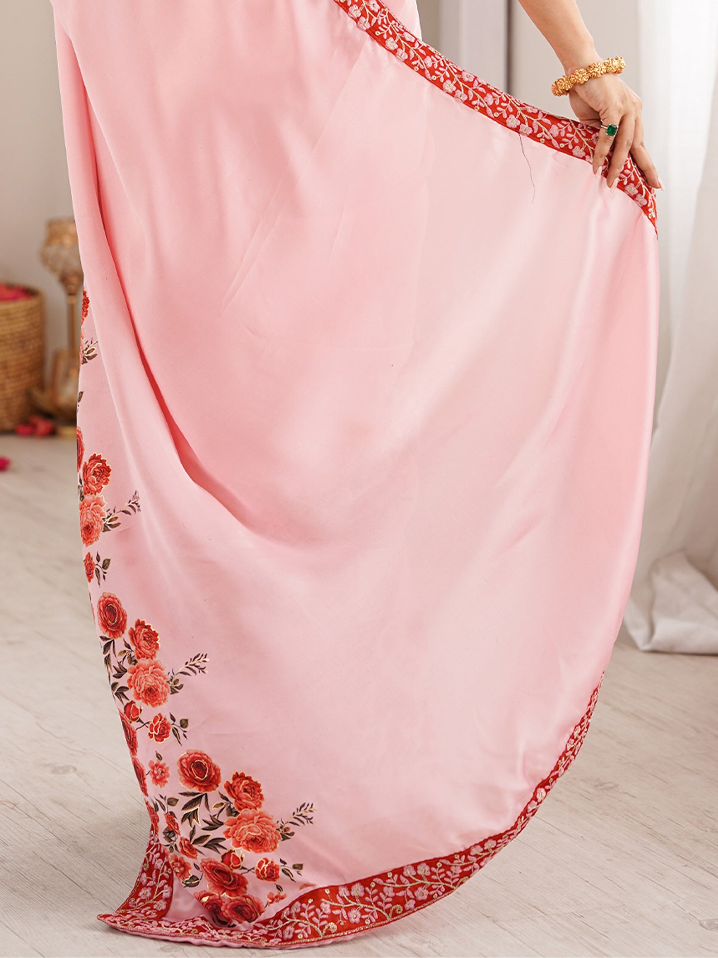 Women's Satin Pink Digital Print Designer Saree With Blouse Piece