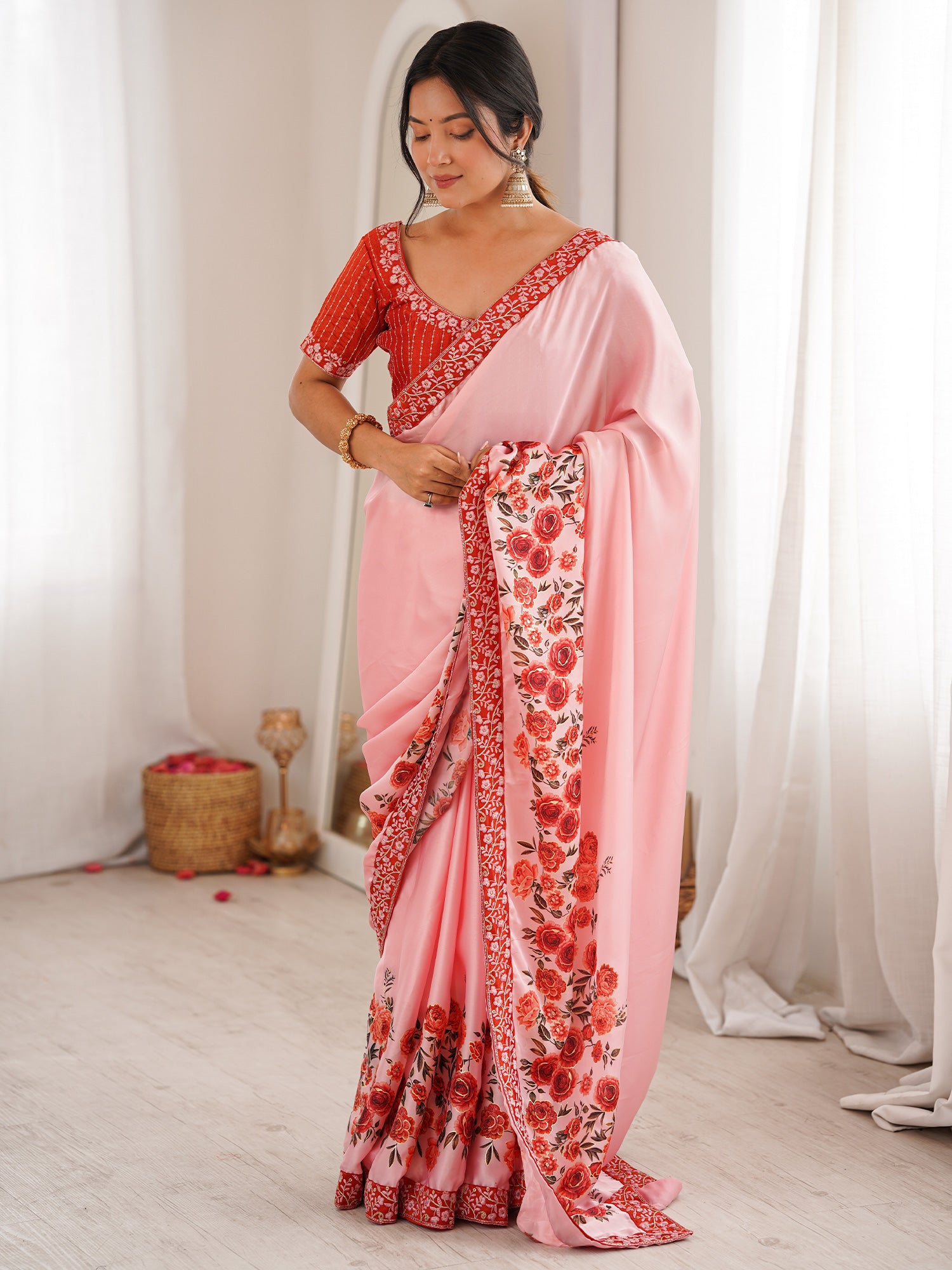 Women's Satin Pink Digital Print Designer Saree With Blouse Piece