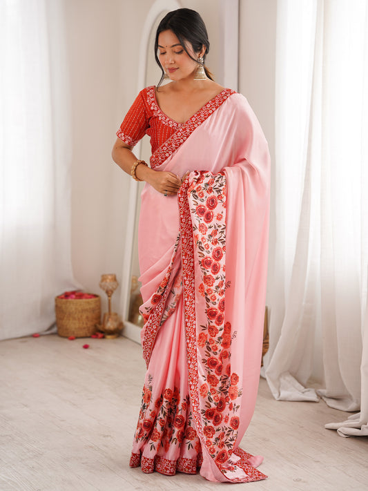 Women's Satin Pink Digital Print Designer Saree With Blouse Piece