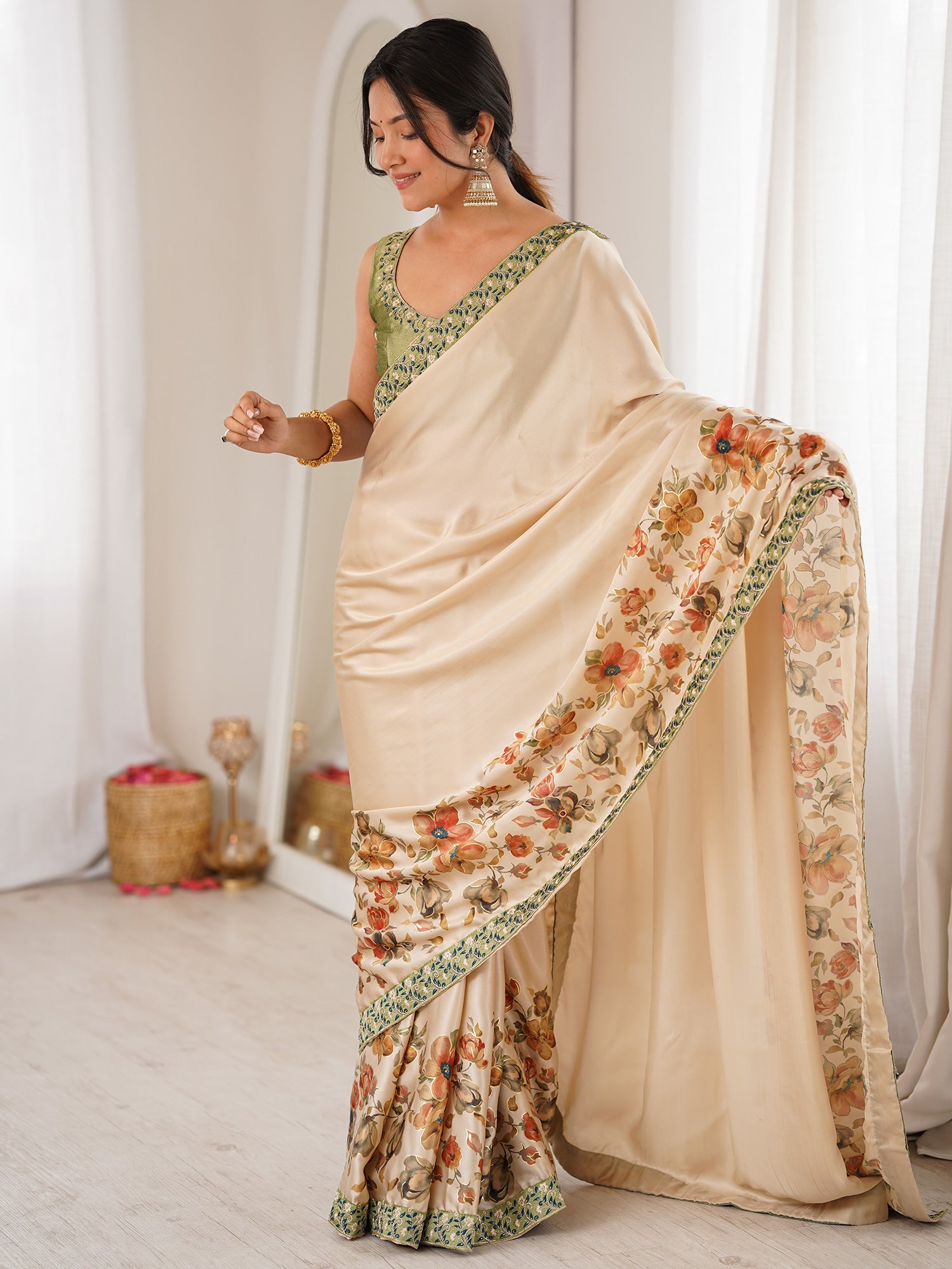 Women's Satin Cream Digital Print Designer Saree With Blouse Piece