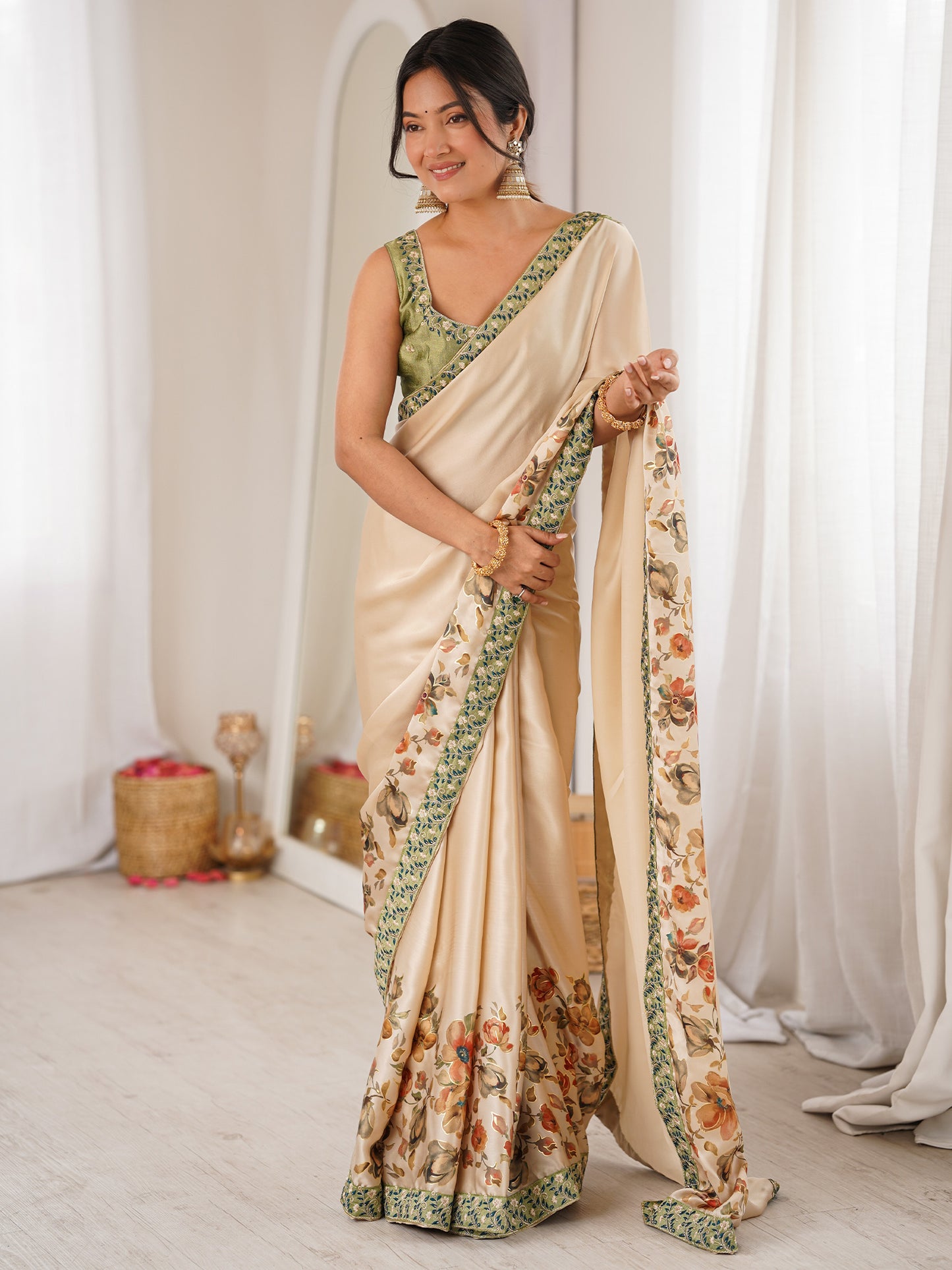 Women's Satin Cream Digital Print Designer Saree With Blouse Piece