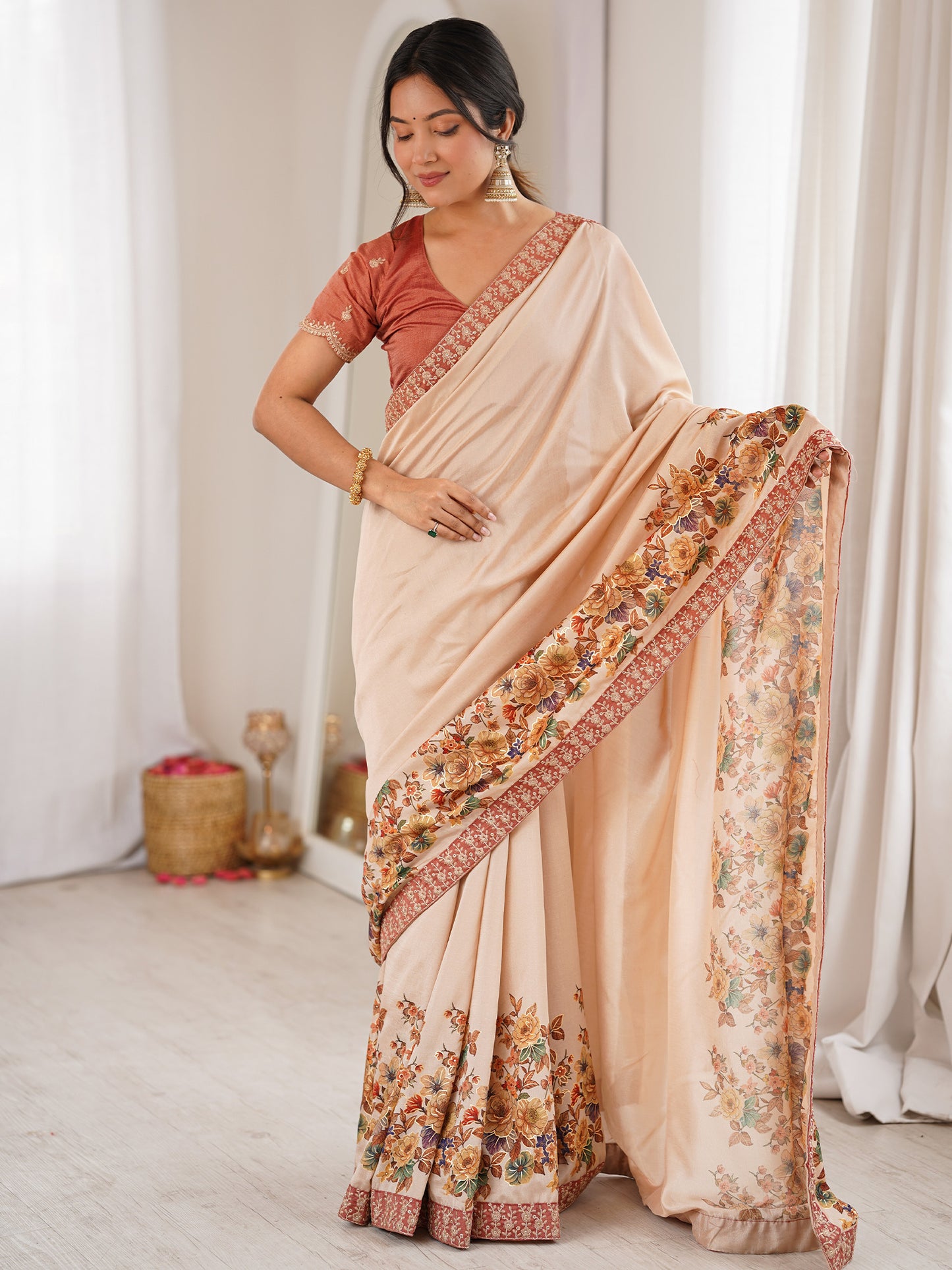 Women's Satin Cream Digital Print Designer Saree With Blouse Piece