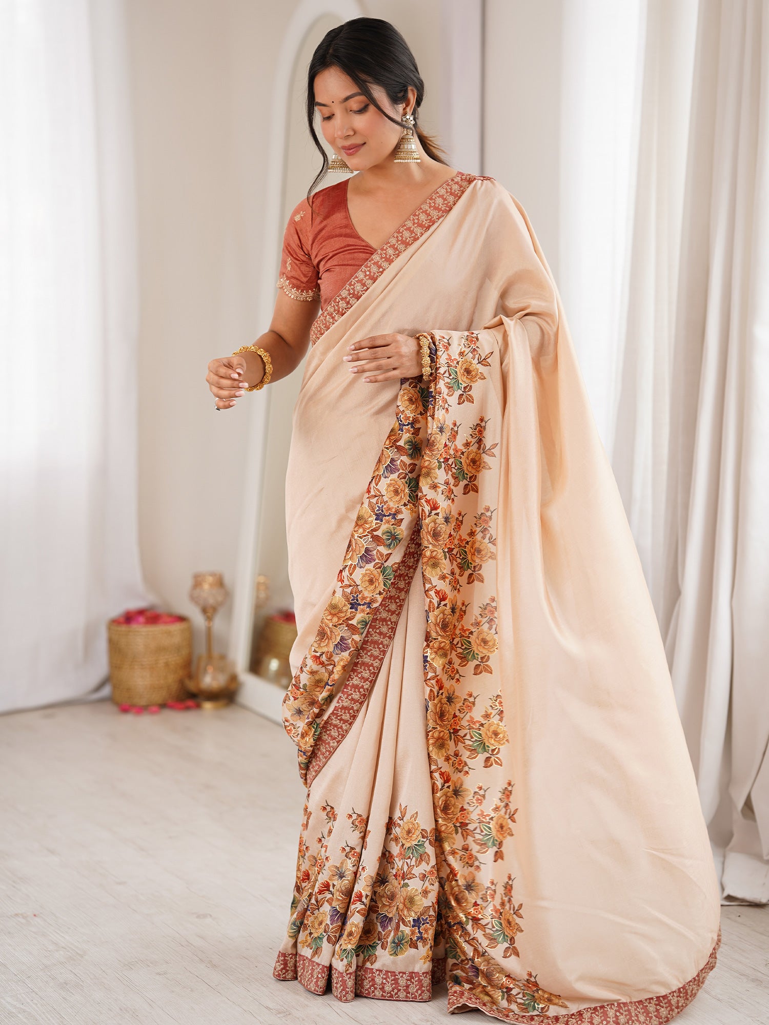 Women's Satin Cream Digital Print Designer Saree With Blouse Piece