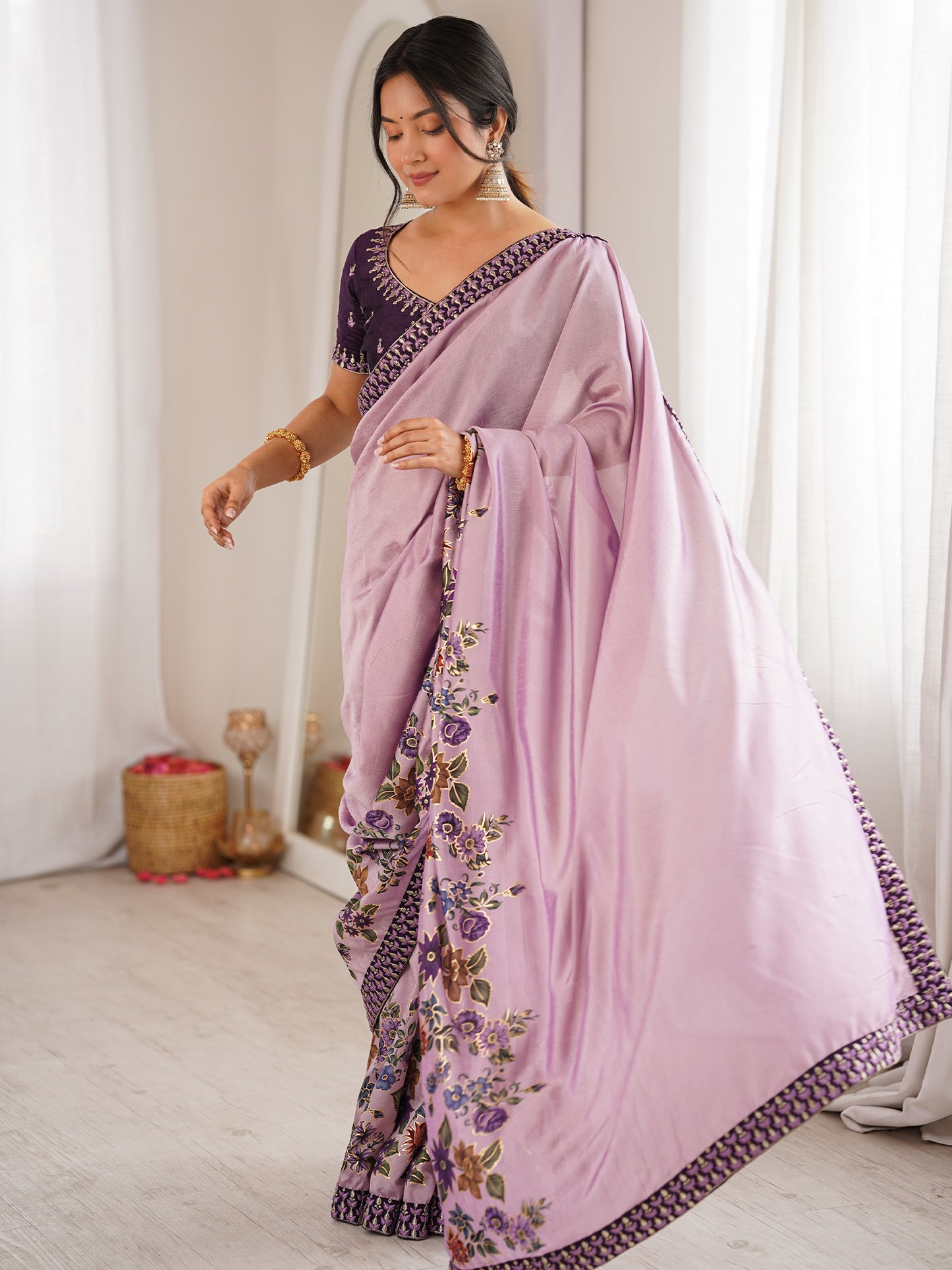 Women's Satin Lavender Digital Print Designer Saree With Blouse Piece