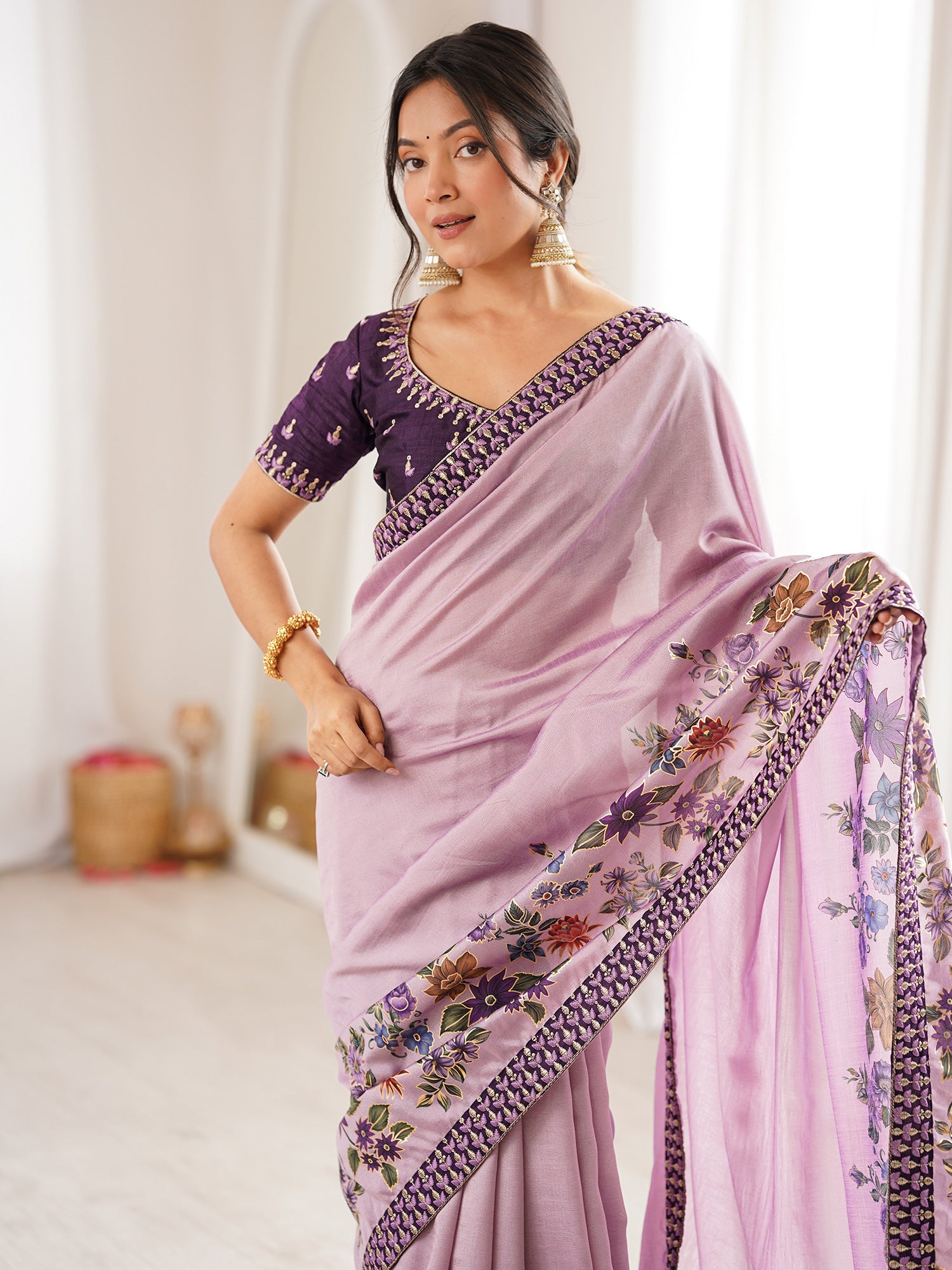 Women's Satin Lavender Digital Print Designer Saree With Blouse Piece