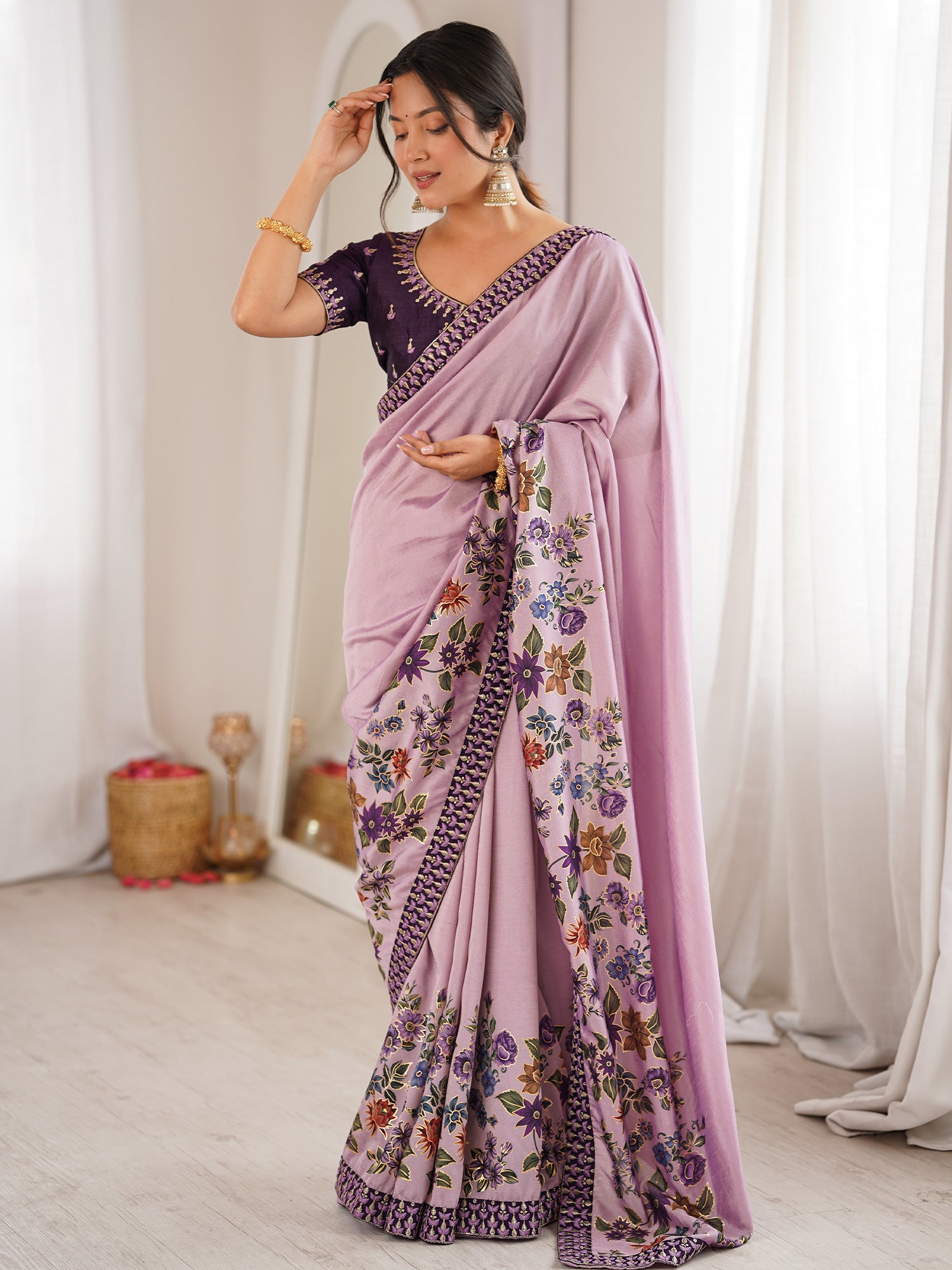 Women's Satin Lavender Digital Print Designer Saree With Blouse Piece
