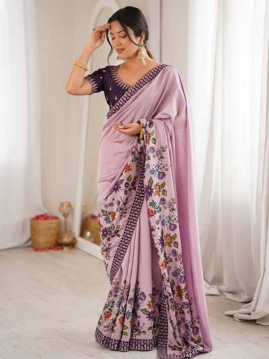 Women's Satin Lavender Digital Print Designer Saree With Blouse Piece