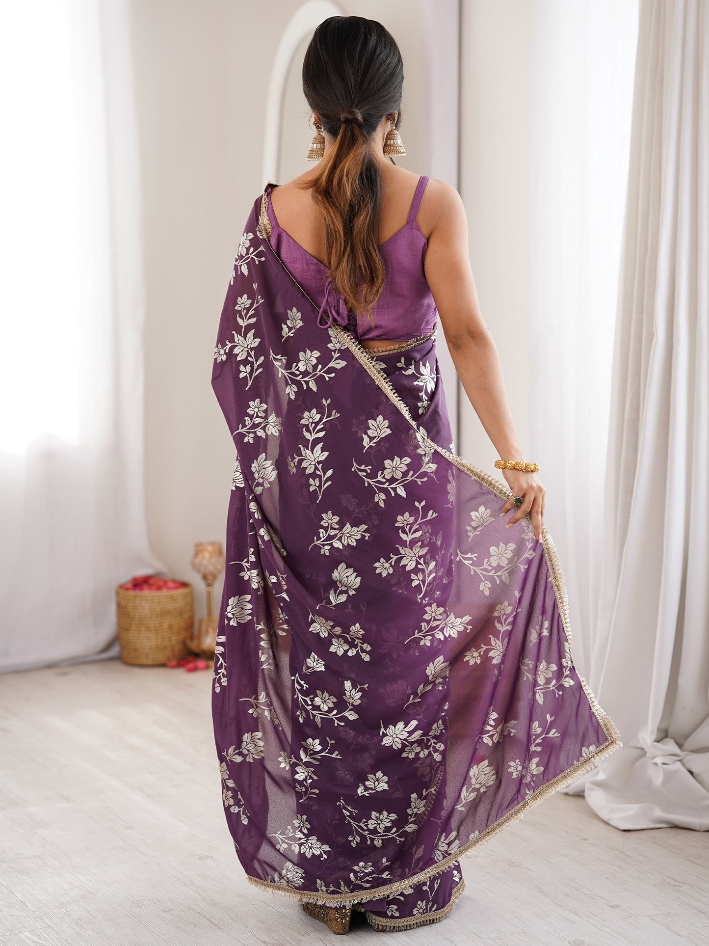 Women's Georgette Purple Digital Print Designer Saree With Blouse Piece