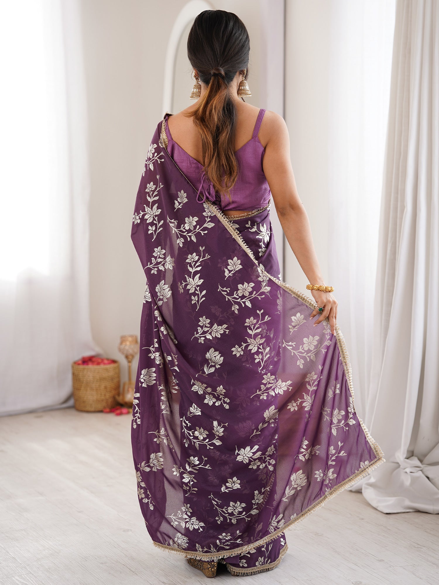Women's Georgette Purple Digital Print Designer Saree With Blouse Piece