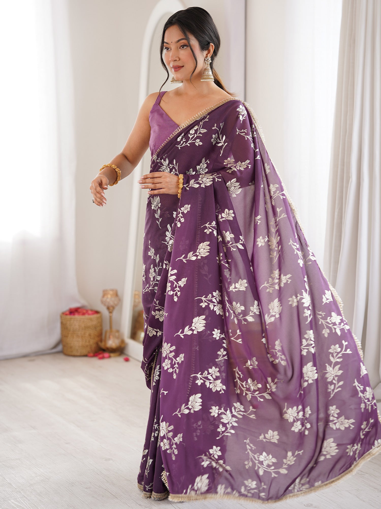 Women's Georgette Purple Digital Print Designer Saree With Blouse Piece