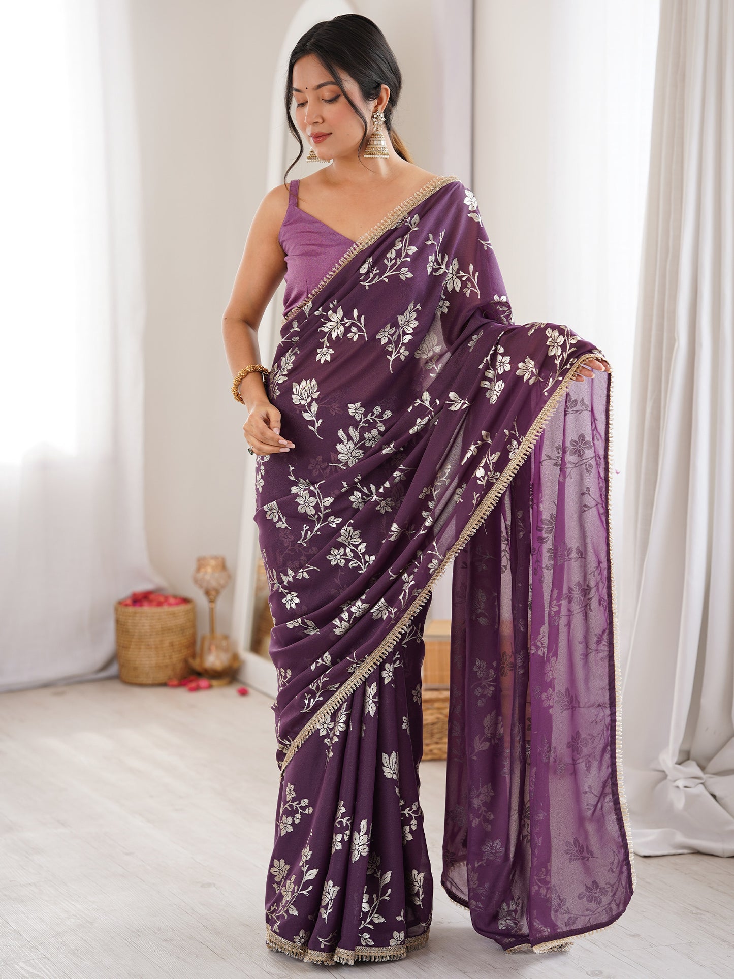 Women's Georgette Purple Digital Print Designer Saree With Blouse Piece