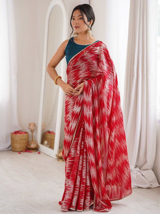 Women's Georgette Red Digital Print Designer Saree With Blouse Piece