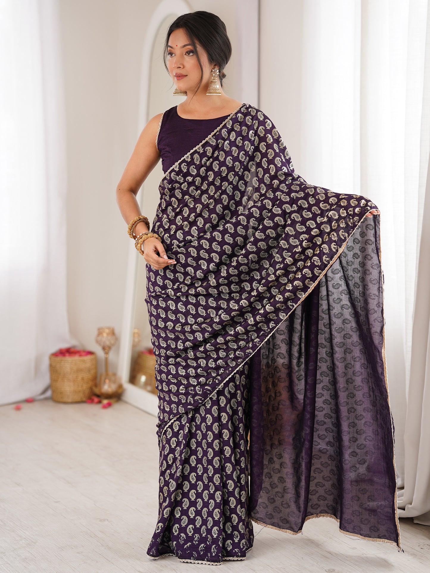 Women's Vichitra Silk Purple Digital Print Designer Saree With Blouse Piece
