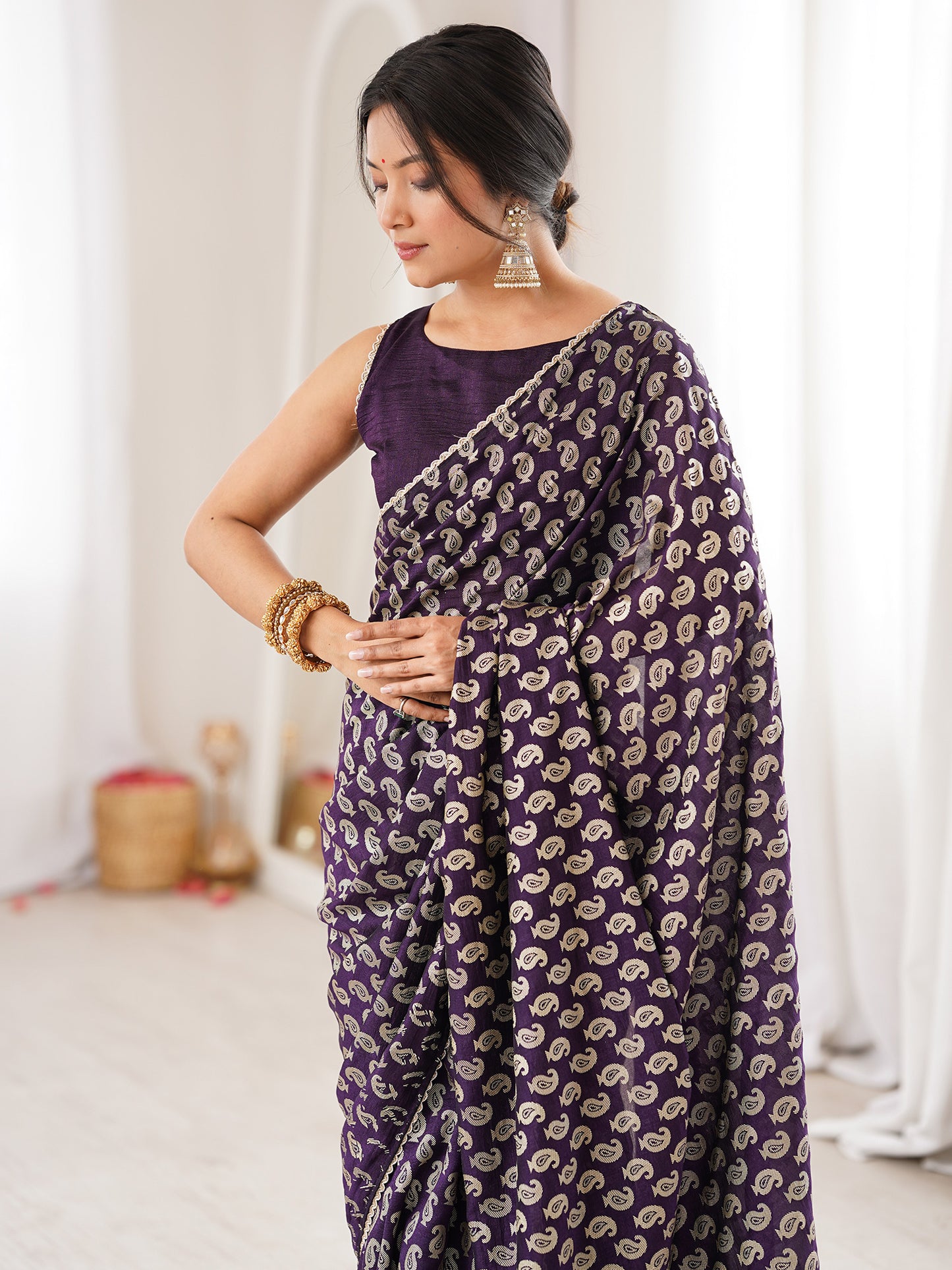 Women's Vichitra Silk Purple Digital Print Designer Saree With Blouse Piece