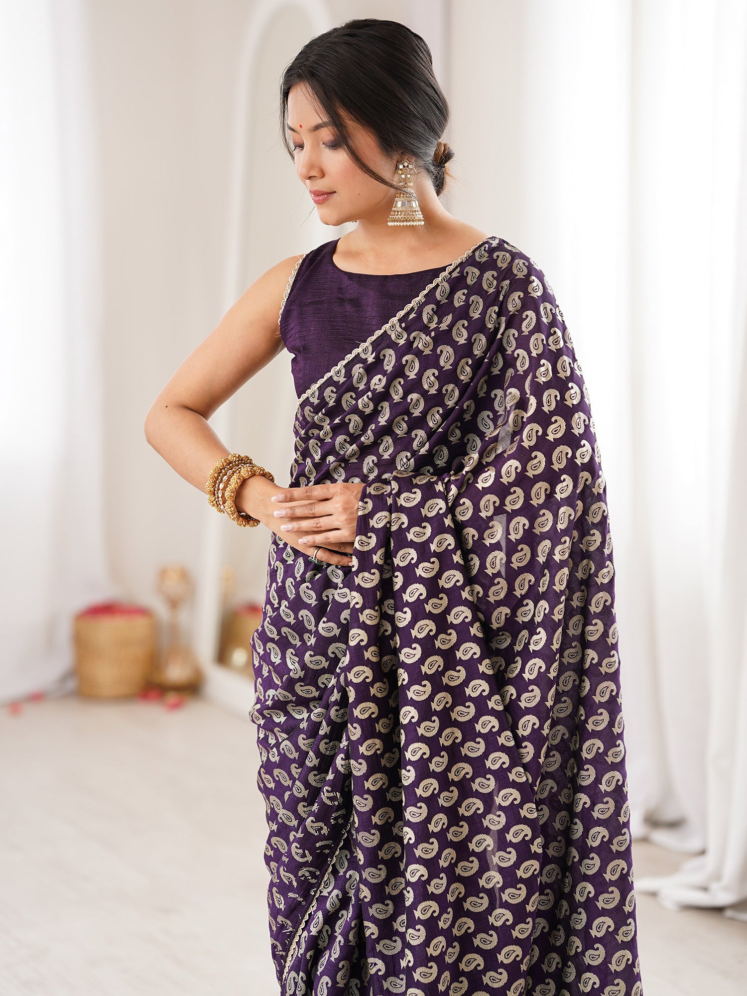 Women's Vichitra Silk Purple Digital Print Designer Saree With Blouse Piece