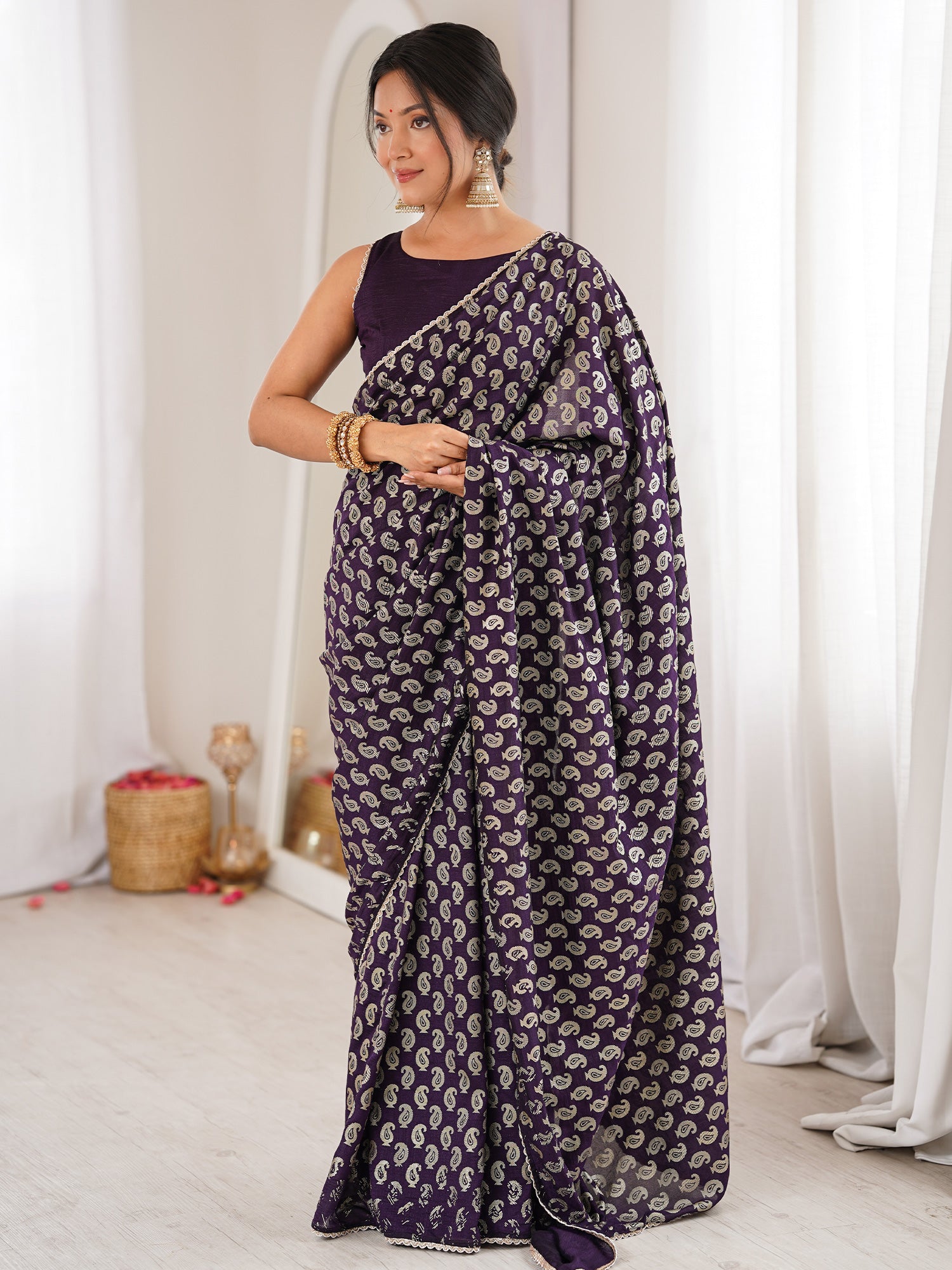 Women's Vichitra Silk Purple Digital Print Designer Saree With Blouse Piece