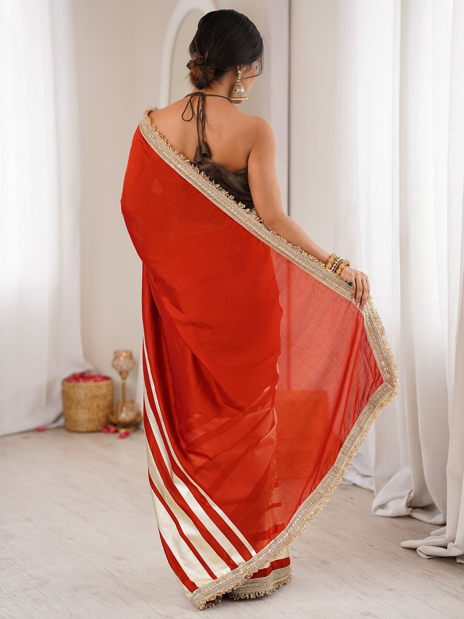 Women's Vichitra Silk Rust Digital Print Designer Saree With Blouse Piece