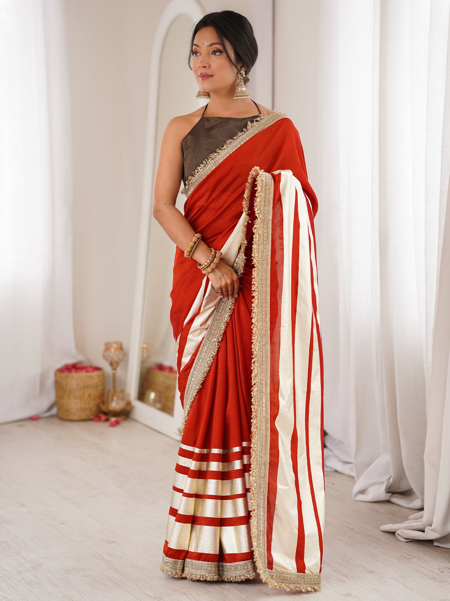 Women's Vichitra Silk Rust Digital Print Designer Saree With Blouse Piece