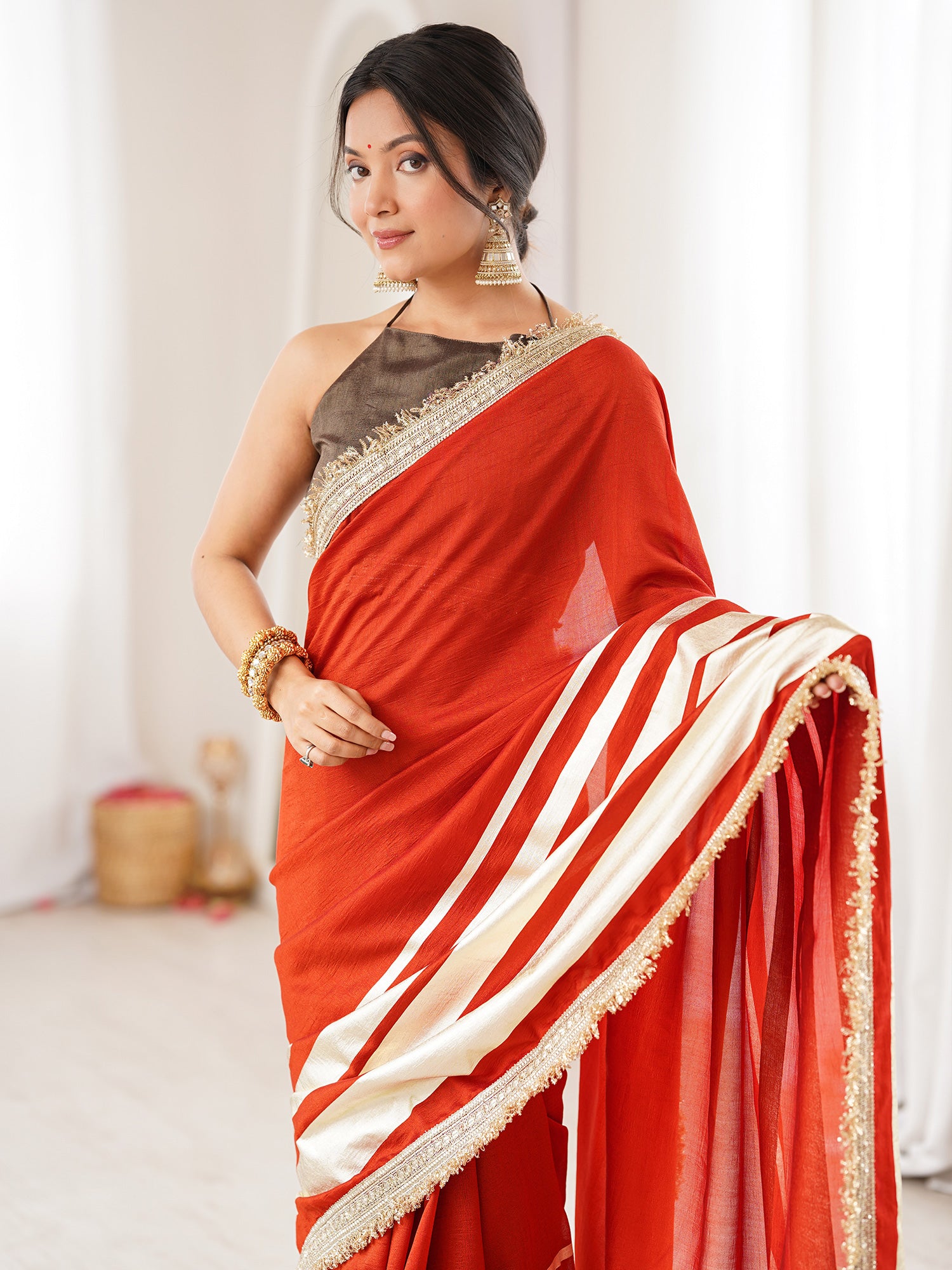 Women's Vichitra Silk Rust Digital Print Designer Saree With Blouse Piece