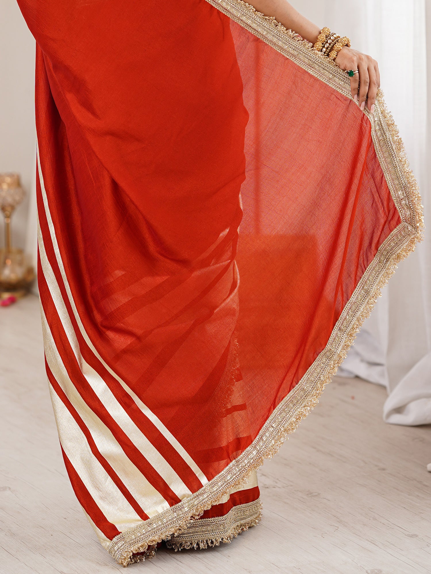 Women's Vichitra Silk Rust Digital Print Designer Saree With Blouse Piece
