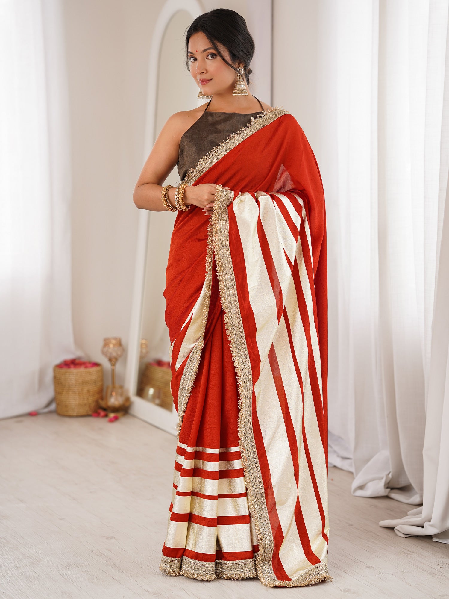 Women's Vichitra Silk Rust Digital Print Designer Saree With Blouse Piece