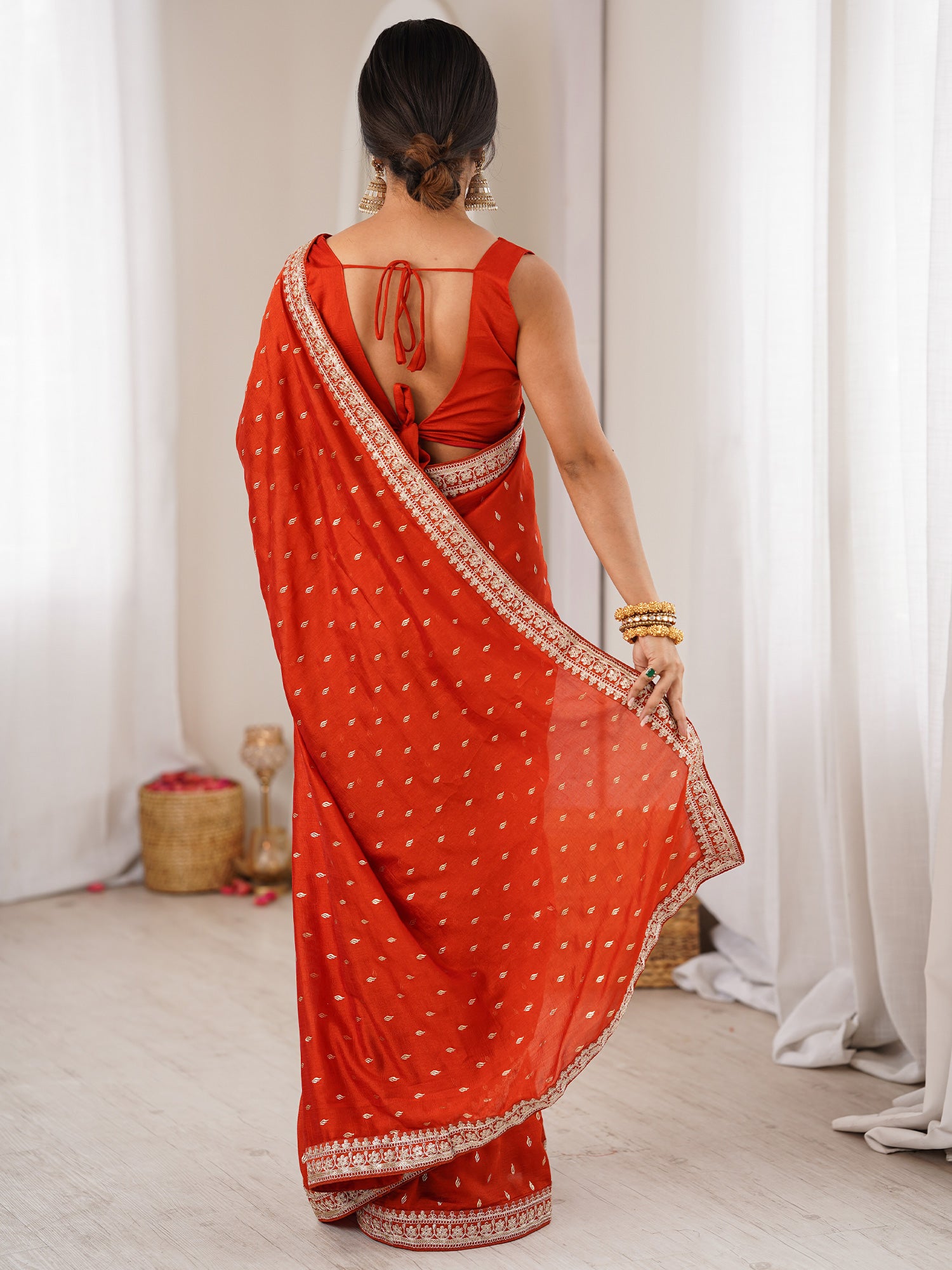 Women's Vichitra Silk Rust Digital Print Designer Saree With Blouse Piece