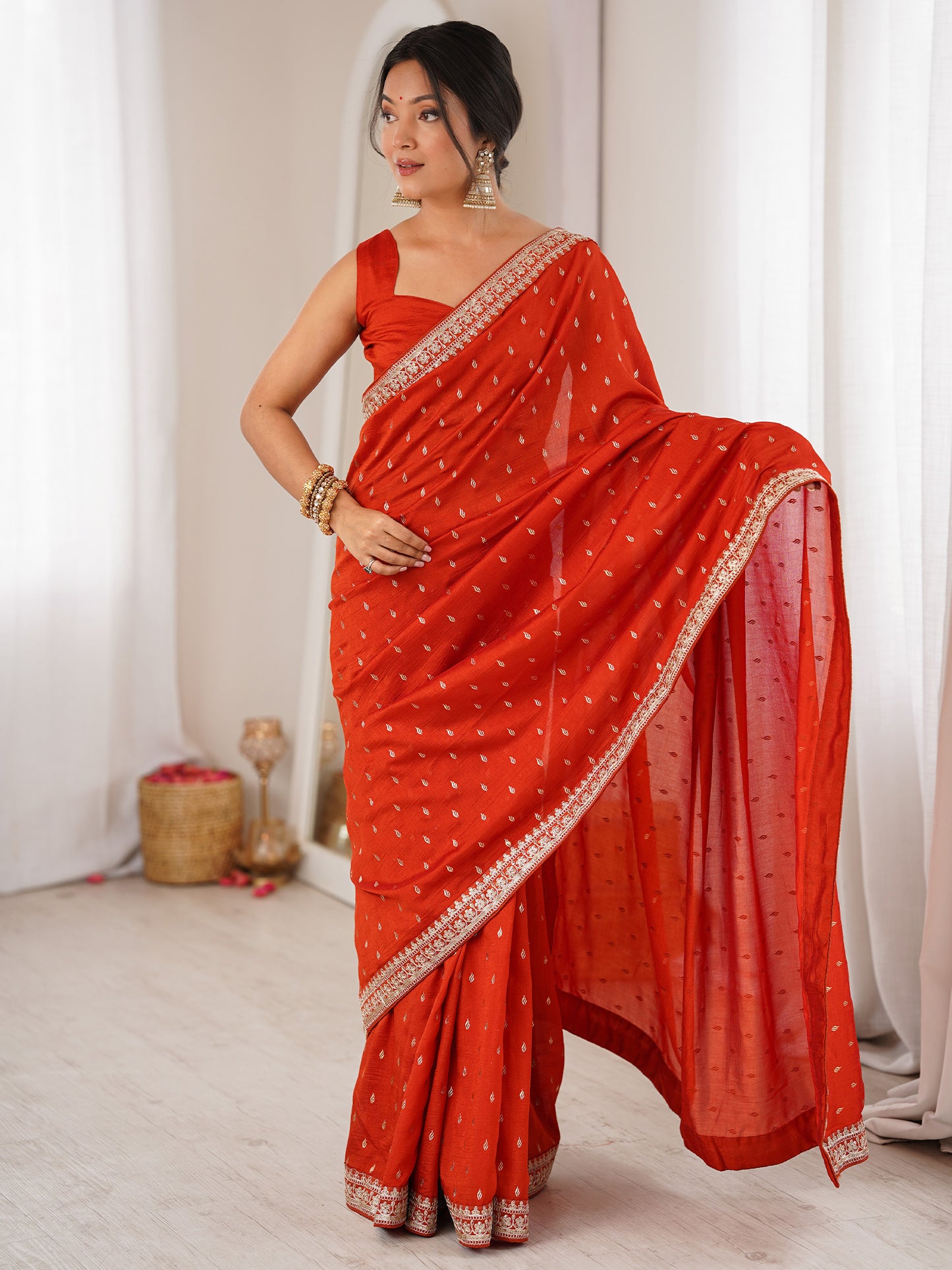 Women's Vichitra Silk Rust Digital Print Designer Saree With Blouse Piece