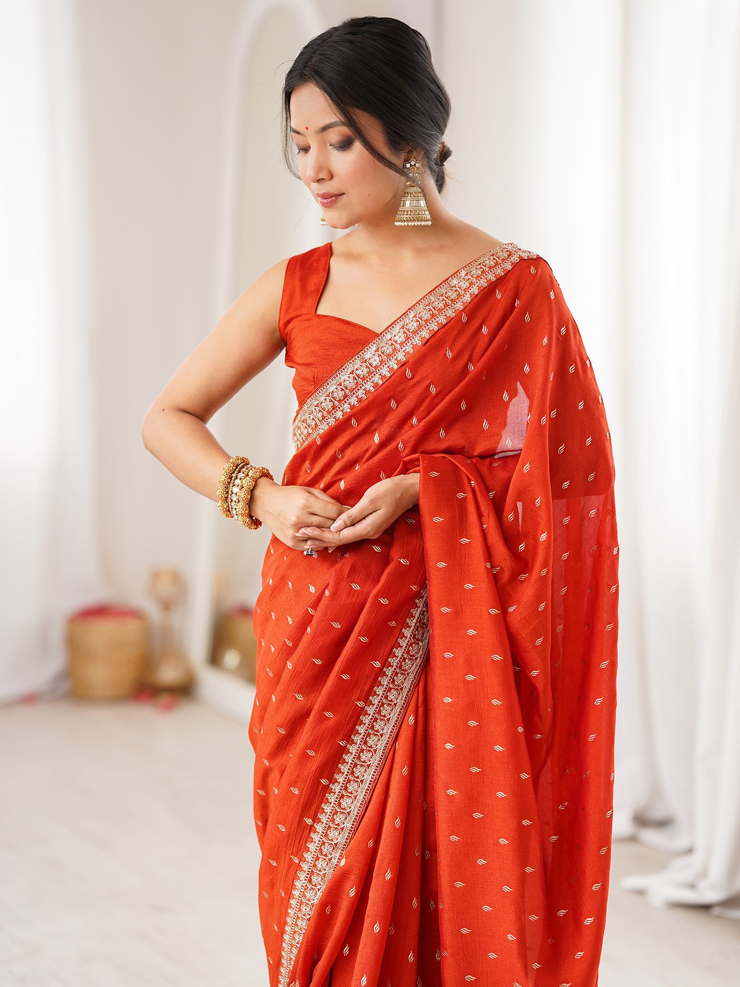 Women's Vichitra Silk Rust Digital Print Designer Saree With Blouse Piece