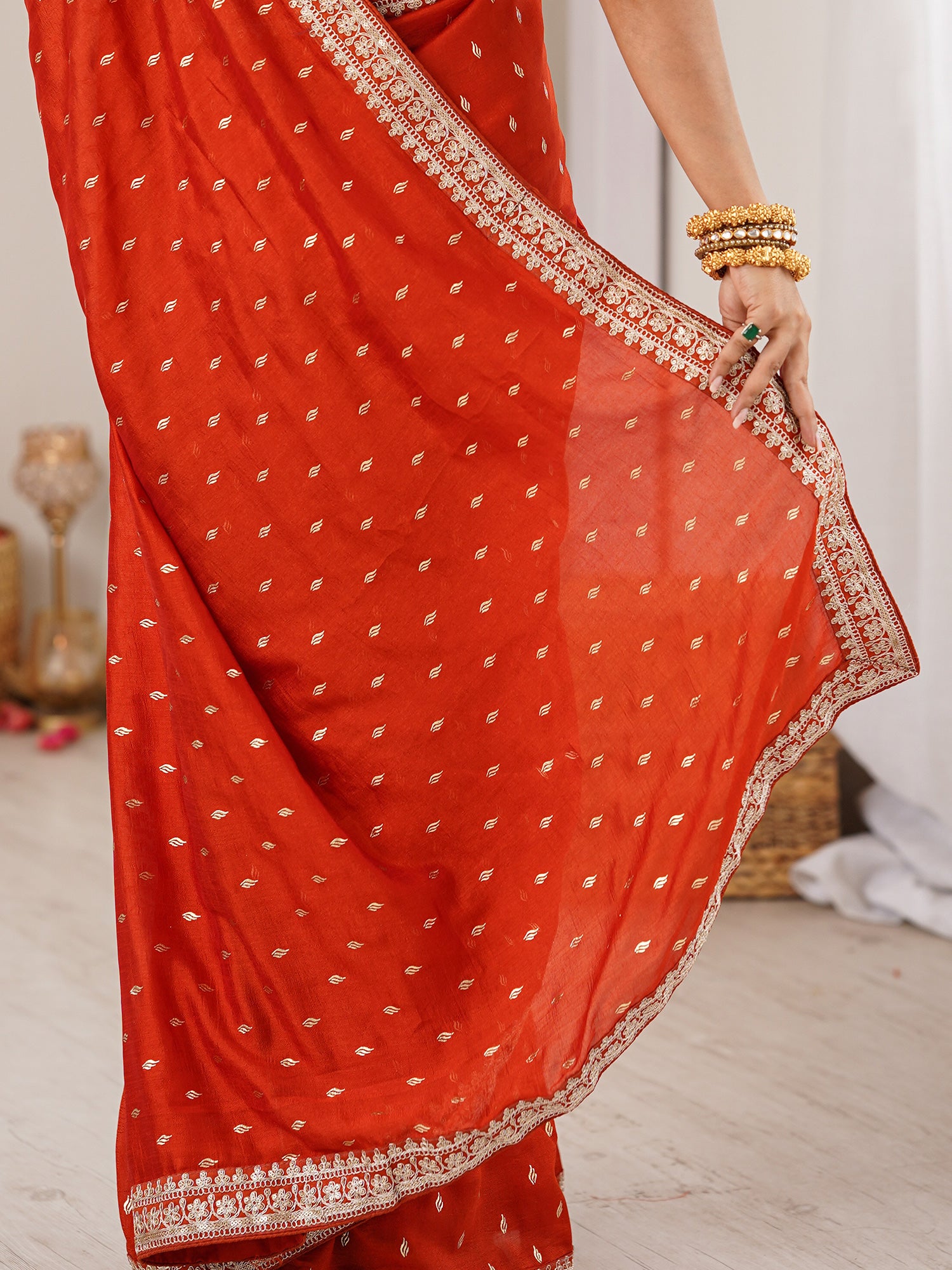 Women's Vichitra Silk Rust Digital Print Designer Saree With Blouse Piece