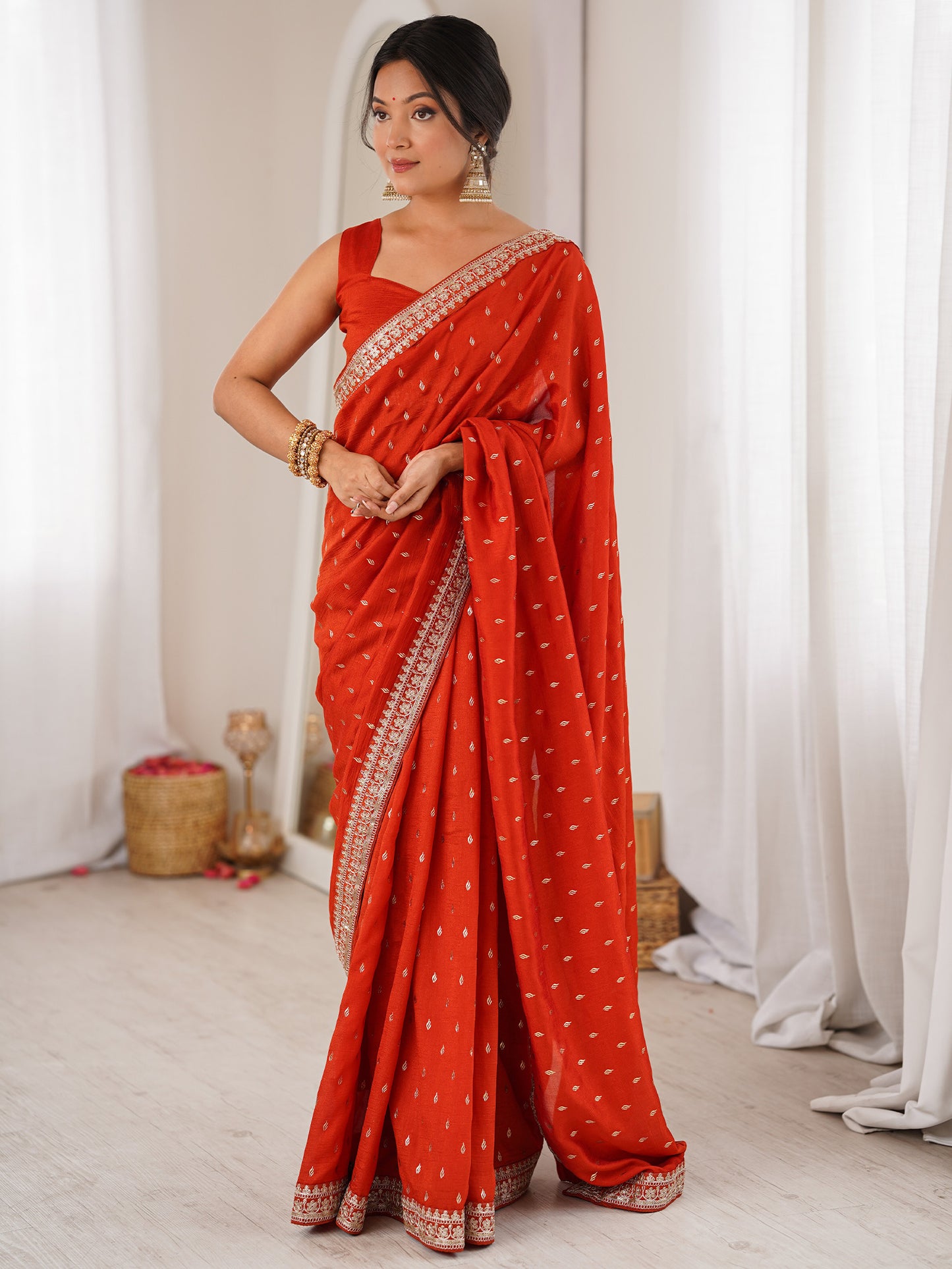 Women's Vichitra Silk Rust Digital Print Designer Saree With Blouse Piece
