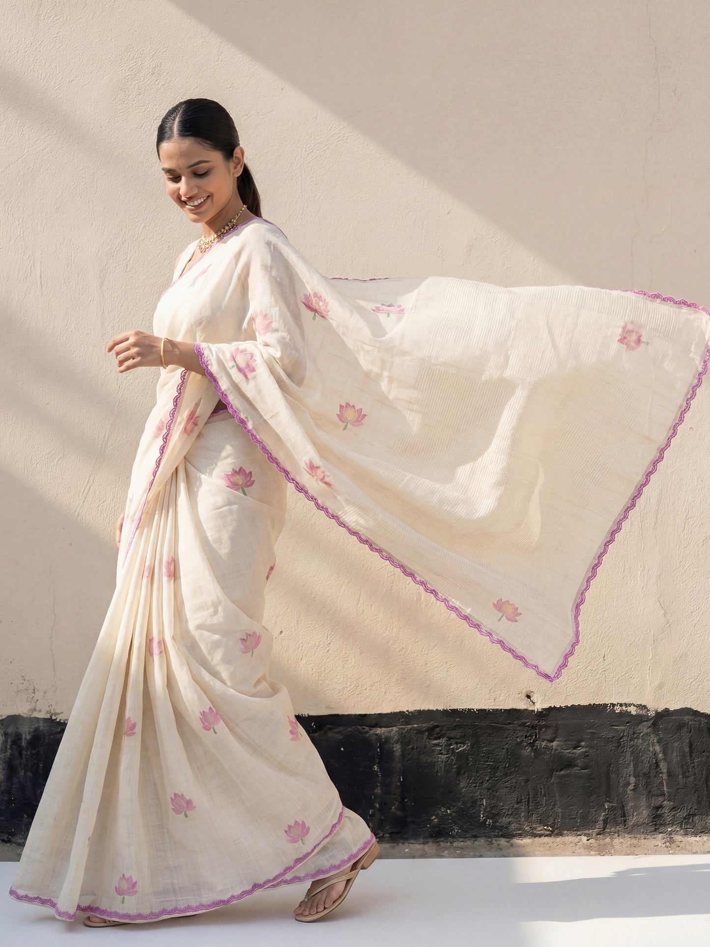Women's Chanderi Cotton Off White Woven Design Designer Saree With Blouse Piece