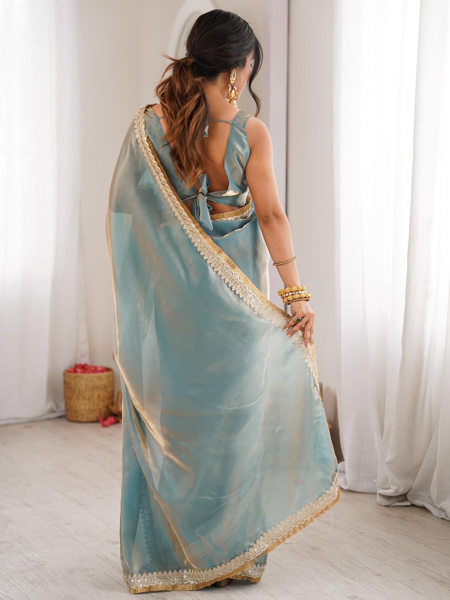 Women's Satin Light Blue Embellished Designer Saree With Blouse Piece