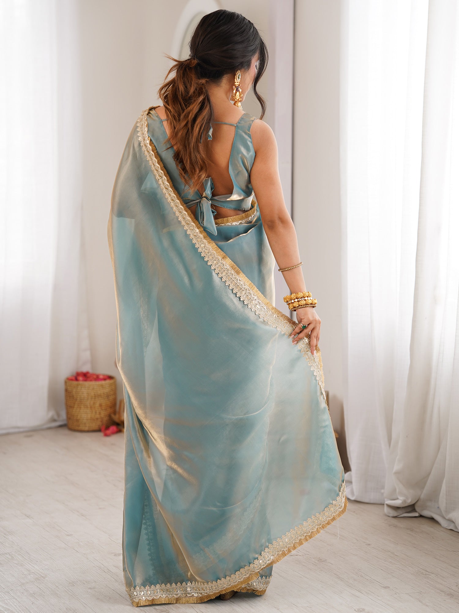 Women's Satin Light Blue Embellished Designer Saree With Blouse Piece
