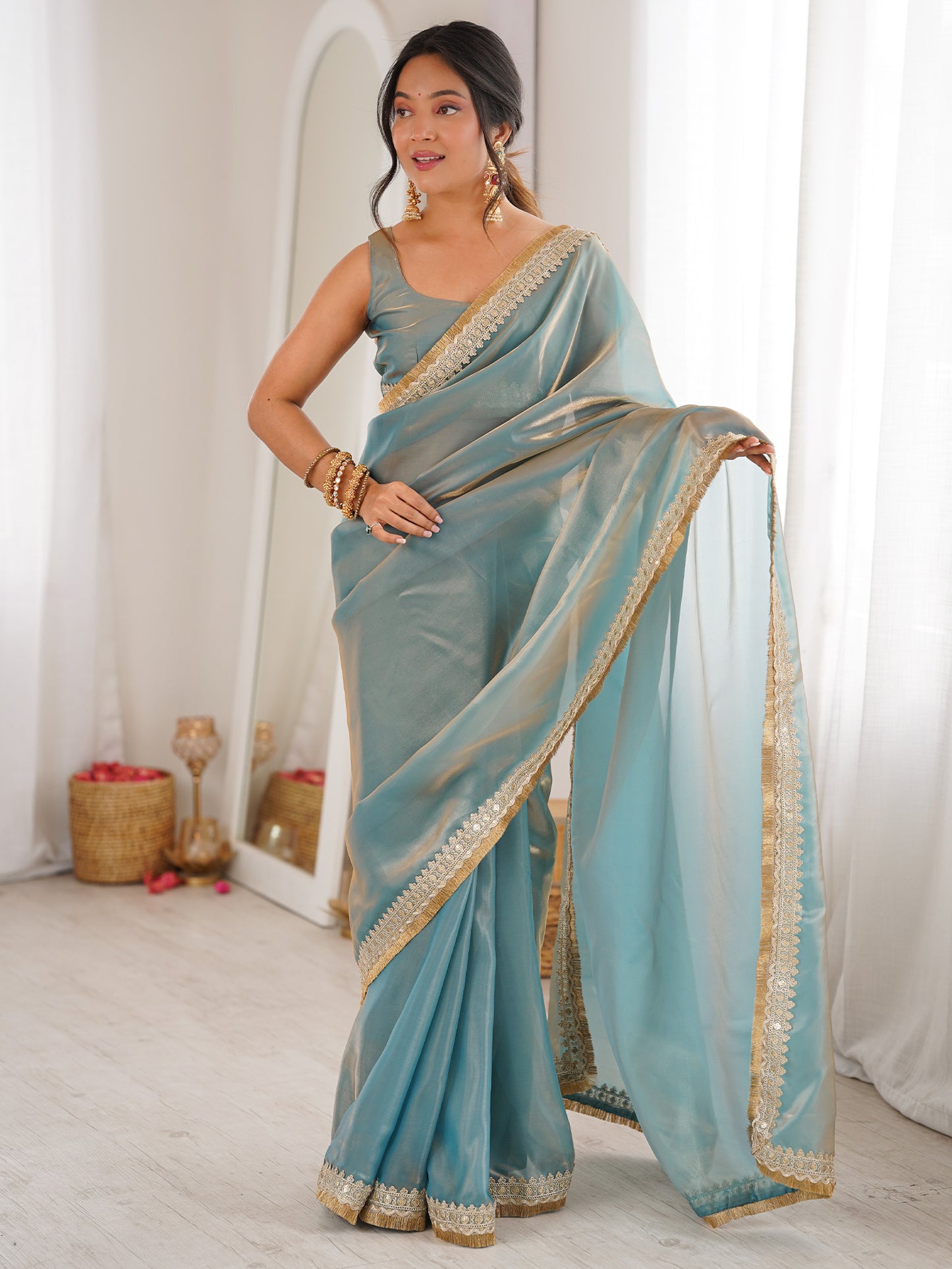 Women's Satin Light Blue Embellished Designer Saree With Blouse Piece