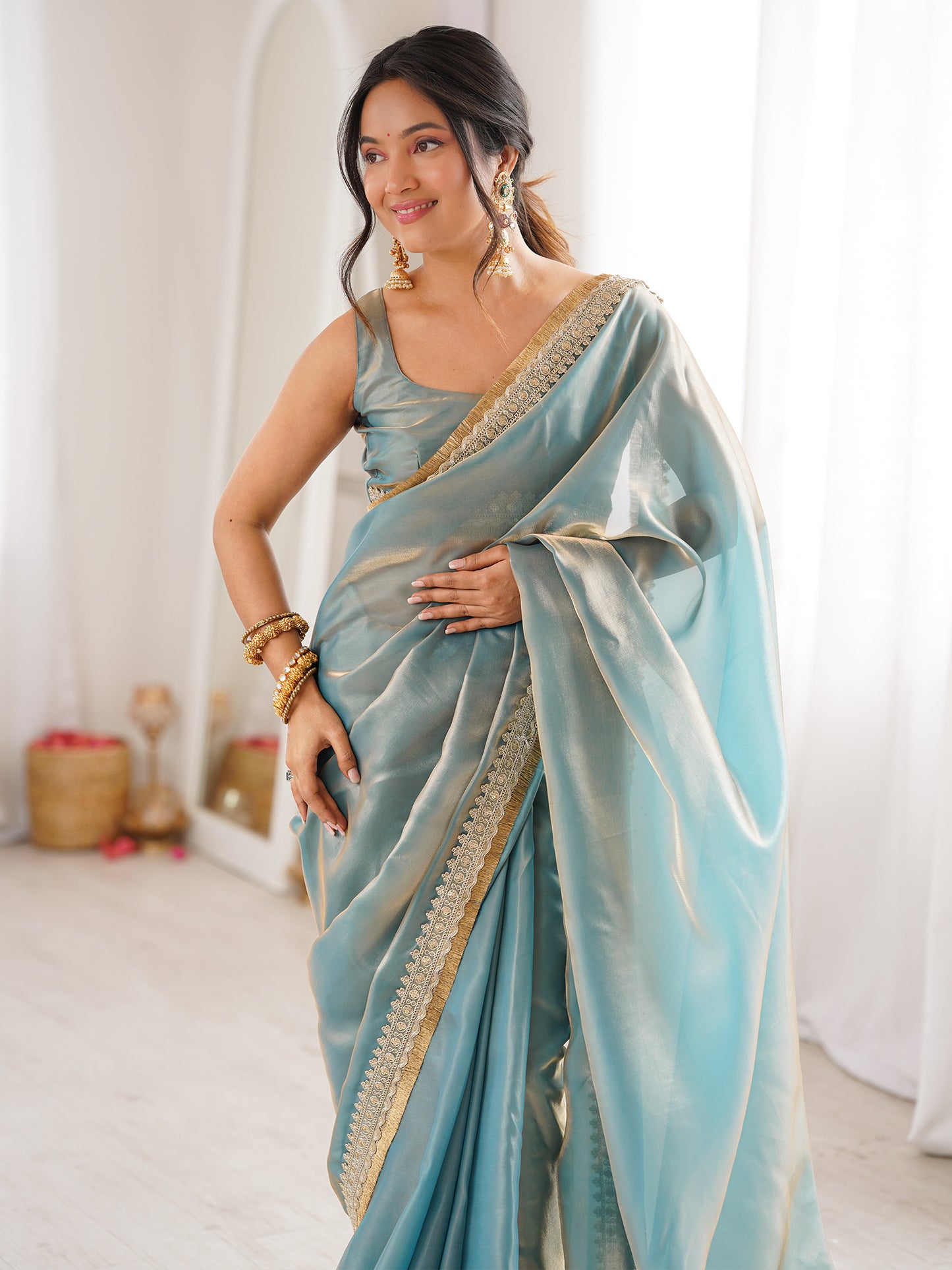 Women's Satin Light Blue Embellished Designer Saree With Blouse Piece