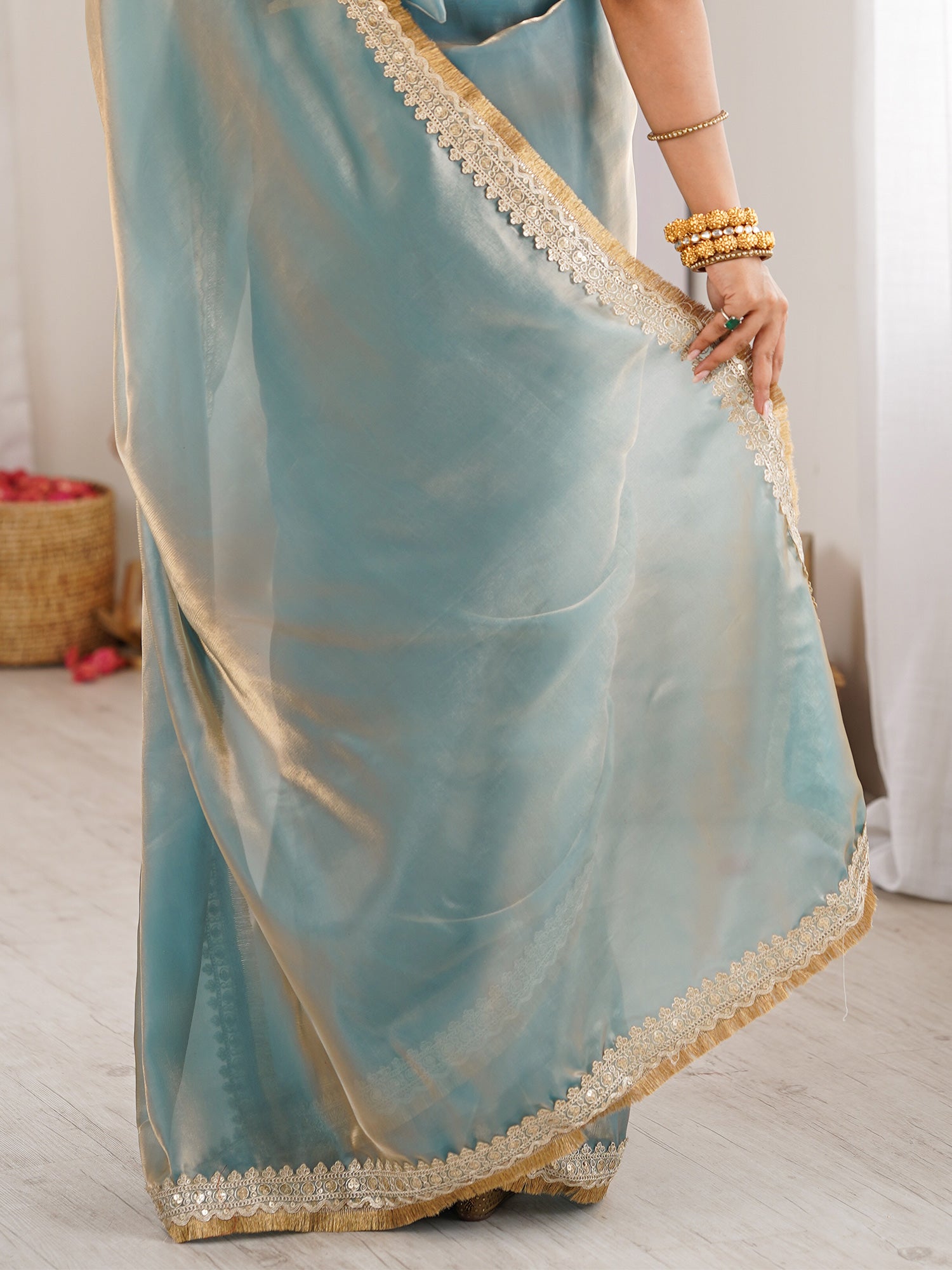 Women's Satin Light Blue Embellished Designer Saree With Blouse Piece