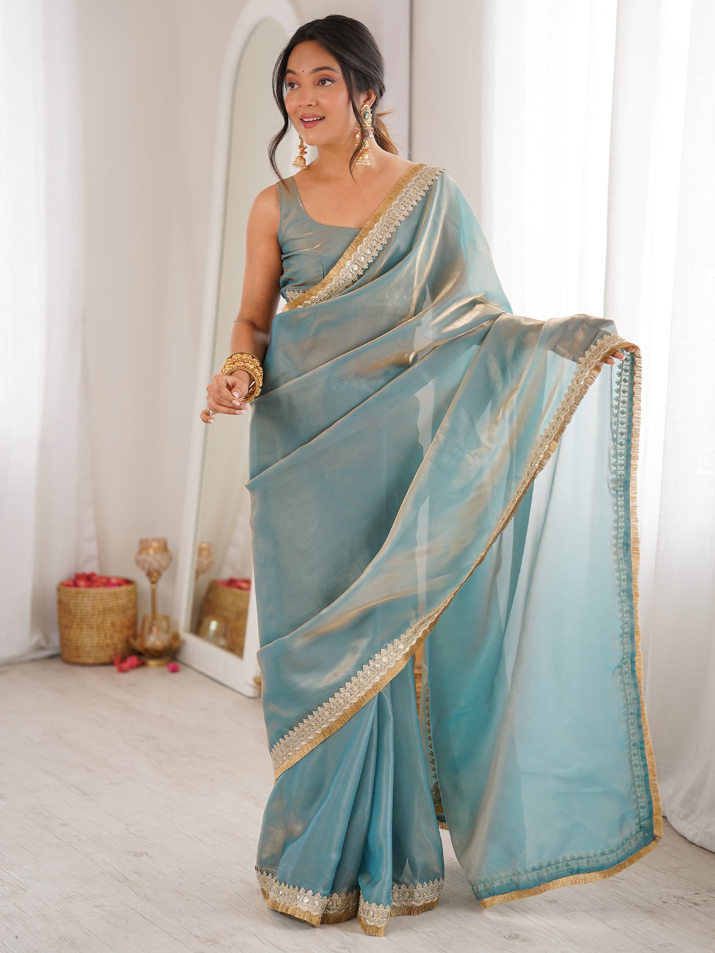Women's Satin Light Blue Embellished Designer Saree With Blouse Piece