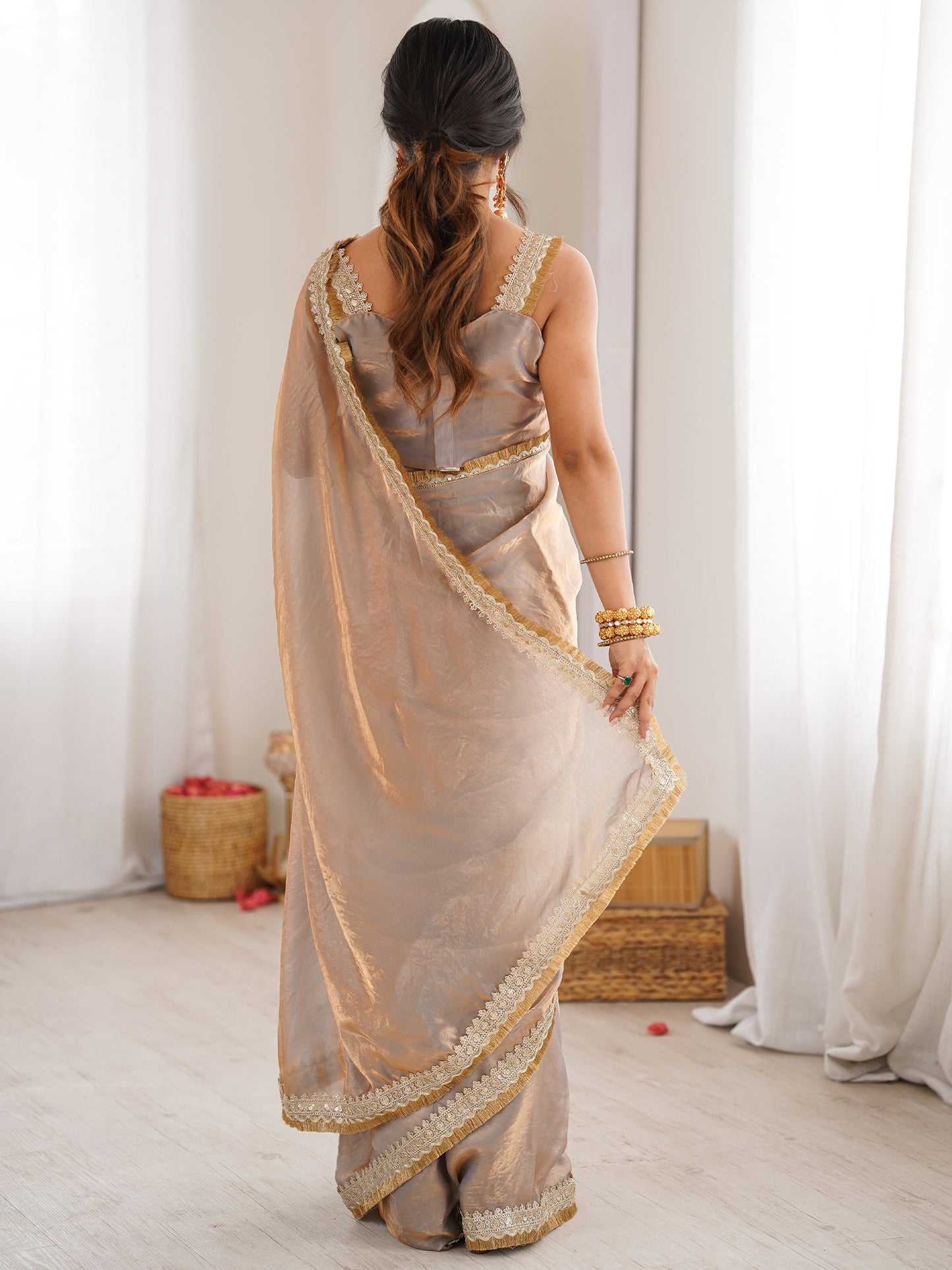Women's Satin Metallic Embellished Designer Saree With Blouse Piece