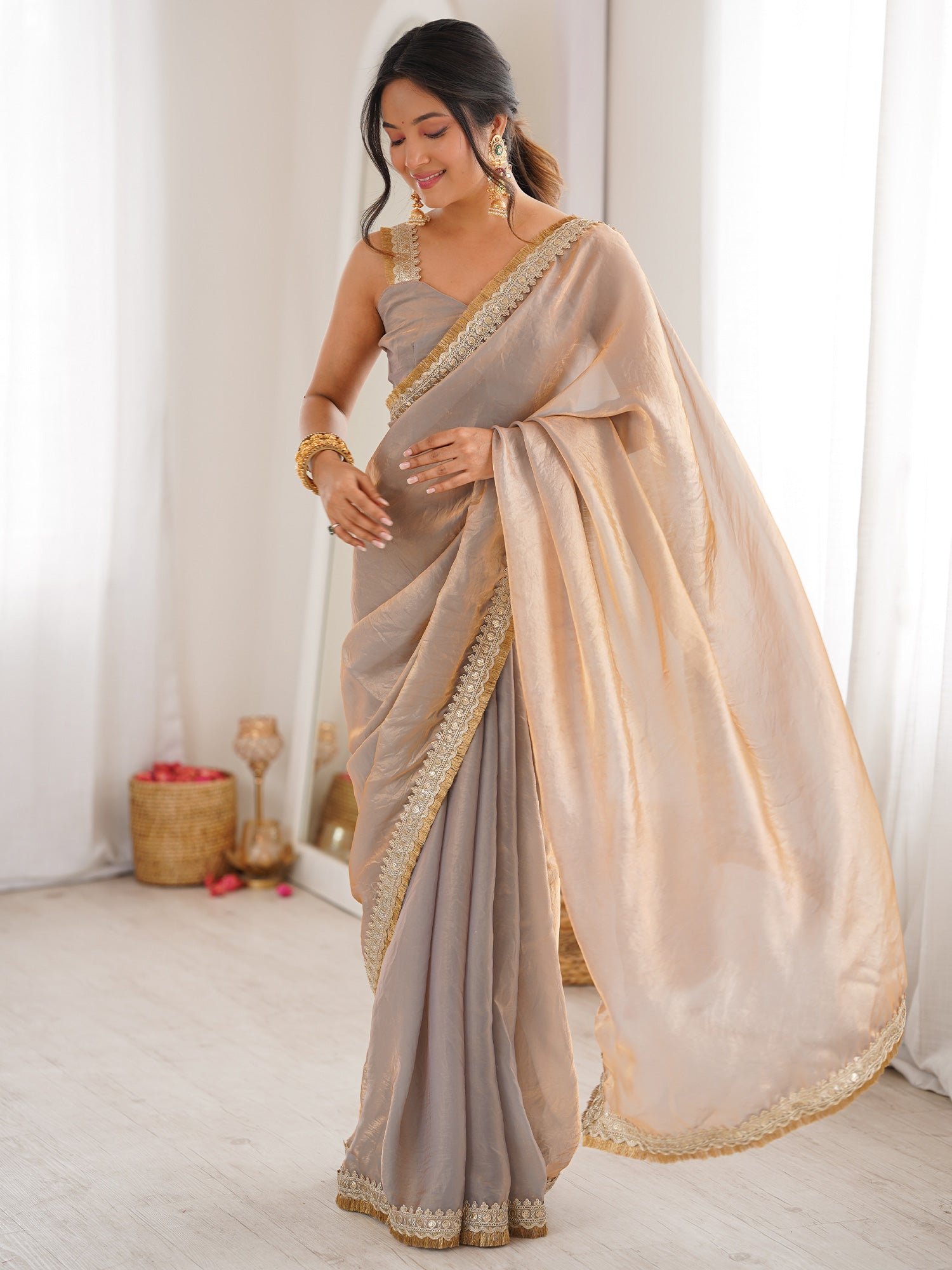 Women's Satin Metallic Embellished Designer Saree With Blouse Piece