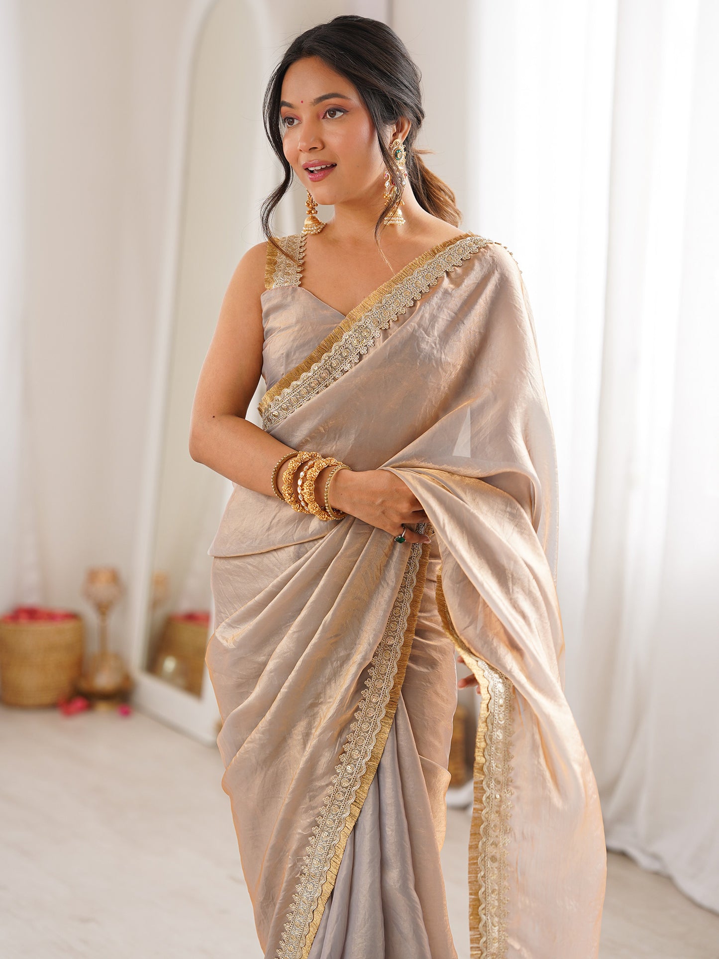 Women's Satin Metallic Embellished Designer Saree With Blouse Piece