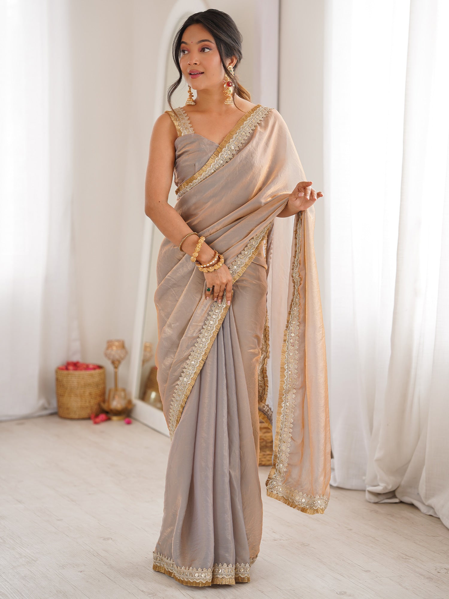 Women's Satin Metallic Embellished Designer Saree With Blouse Piece