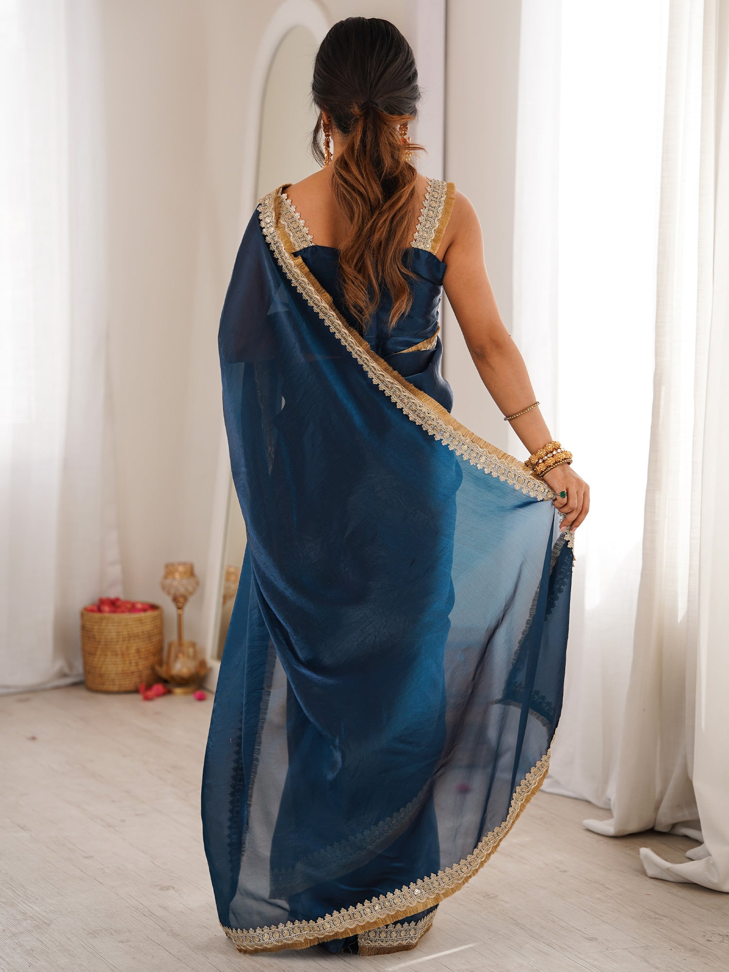 Women's Satin Navy Blue Embellished Designer Saree With Blouse Piece