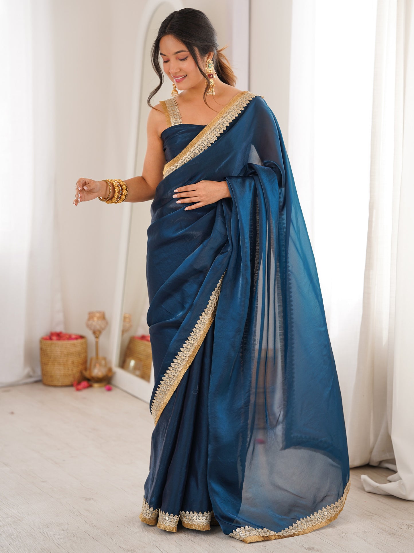 Women's Satin Navy Blue Embellished Designer Saree With Blouse Piece