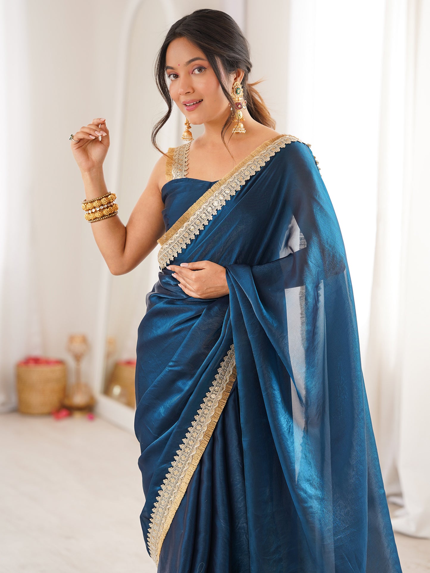 Women's Satin Navy Blue Embellished Designer Saree With Blouse Piece